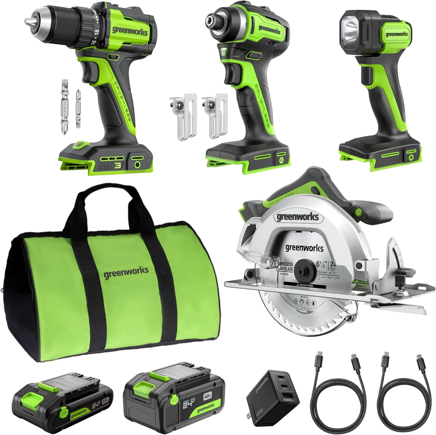 Greenworks Set utensili cordless 24V da 4 pezzi: avvitatore/trapano brushless, avvitatore a impatto e sega circolare da 6,5”