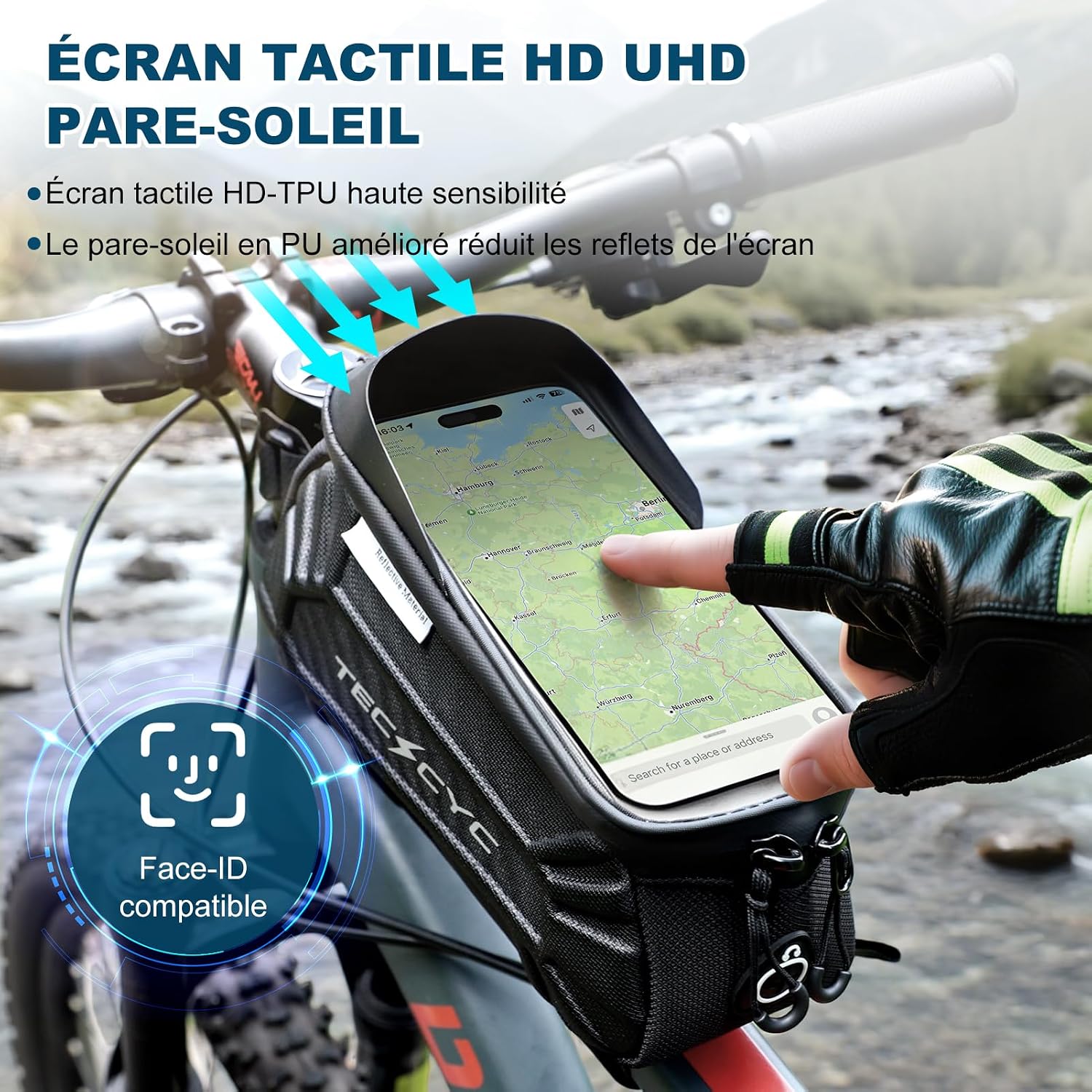 Detalle de TECHCYC Sacoche de cadre vélo avec écran tactile TPU et réflecteurs, pour smartphone jusqu’à 7 pouces