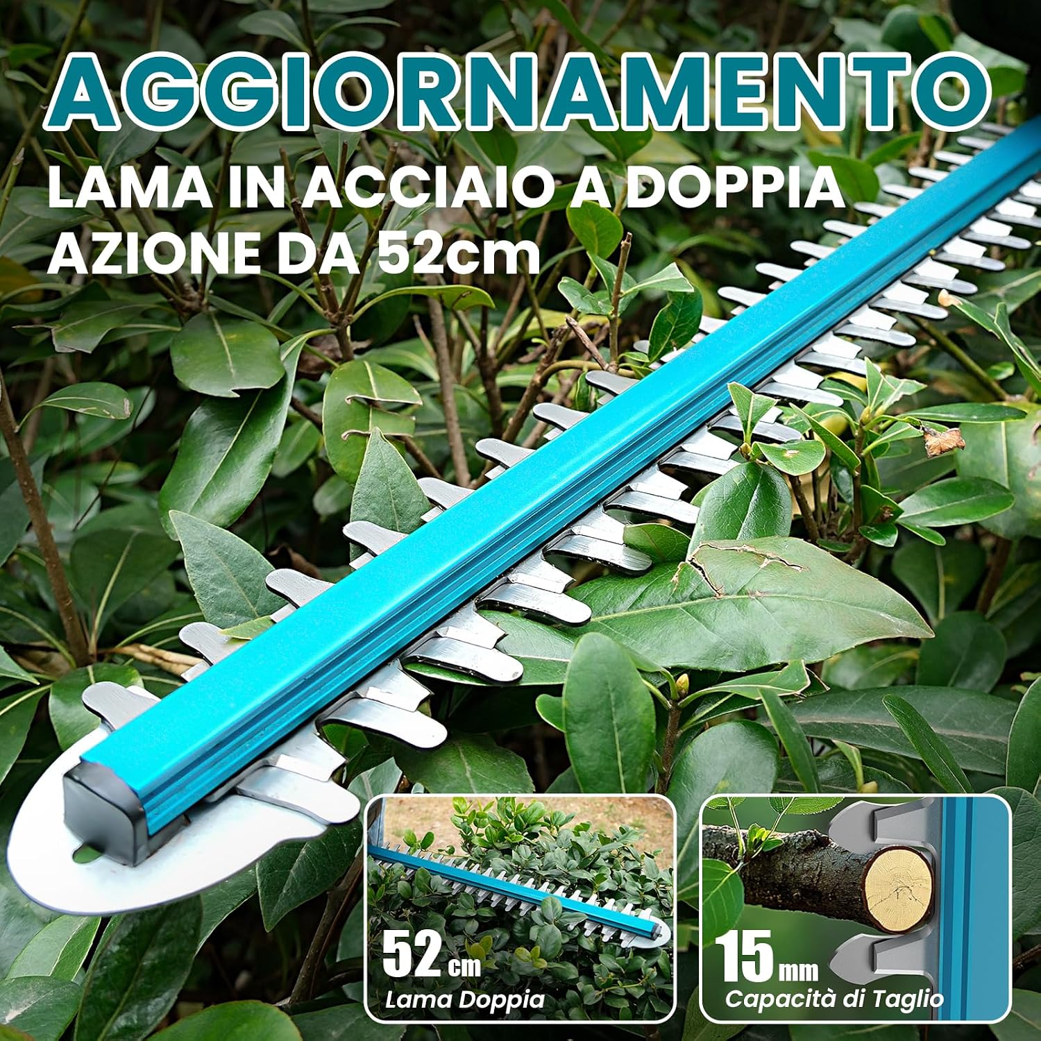 Detalle de Tagliasiepi a batteria con 2x 4000mAh – potenza brushless 600W, lama 52 cm, kit completo