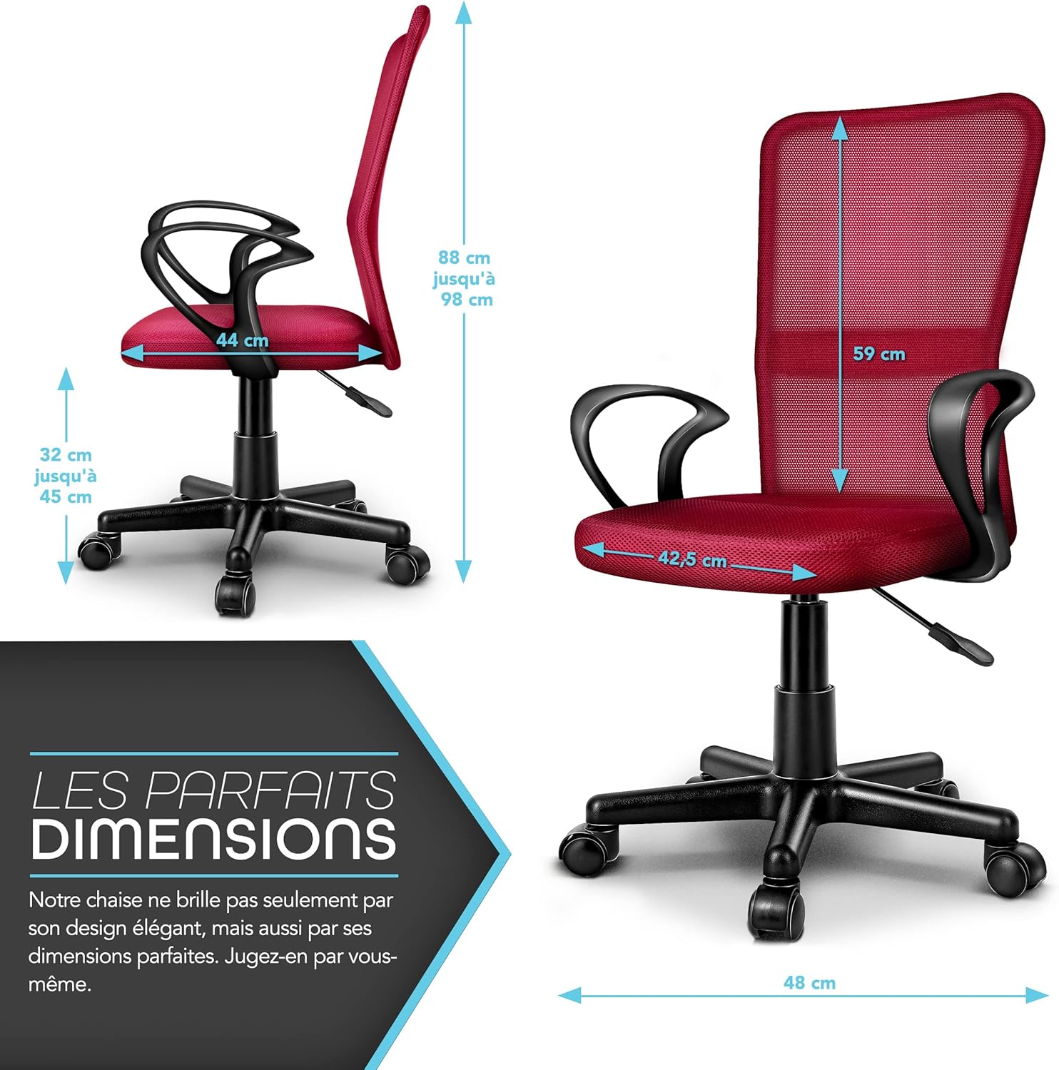 Thumbnail 2 de TRESKO Chaise fauteuil de bureau ergonomique avec accoudoirs et dossier respirant, hauteur d’assise ajustable 32 à 45 cm