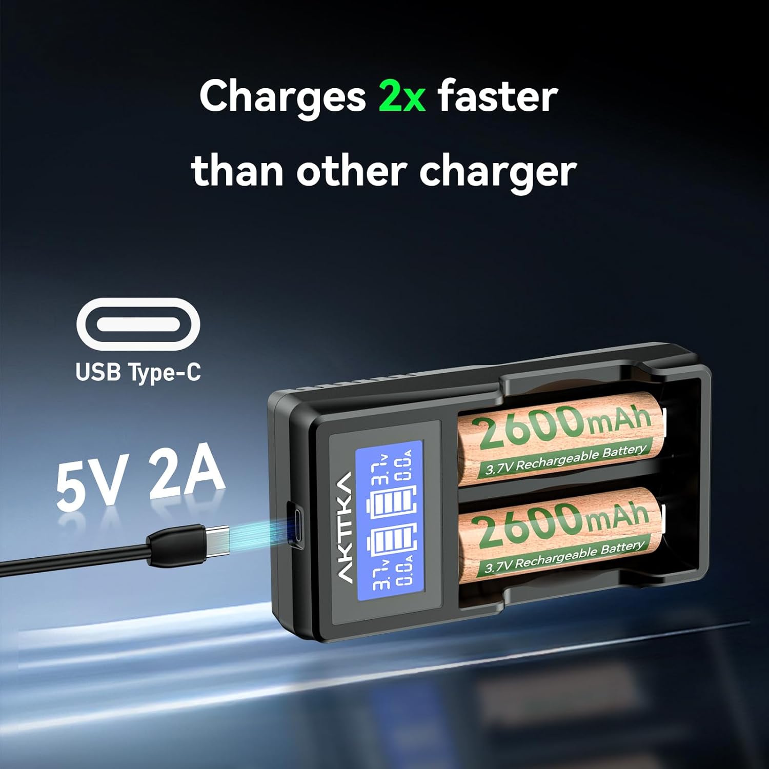 Thumbnail 5 de Set di 2 Batterie Li-ion 3,7V 2600mAh con Caricatore a 2 Slot e Display – per torce, lampade frontali e dispositivi a basso consumo