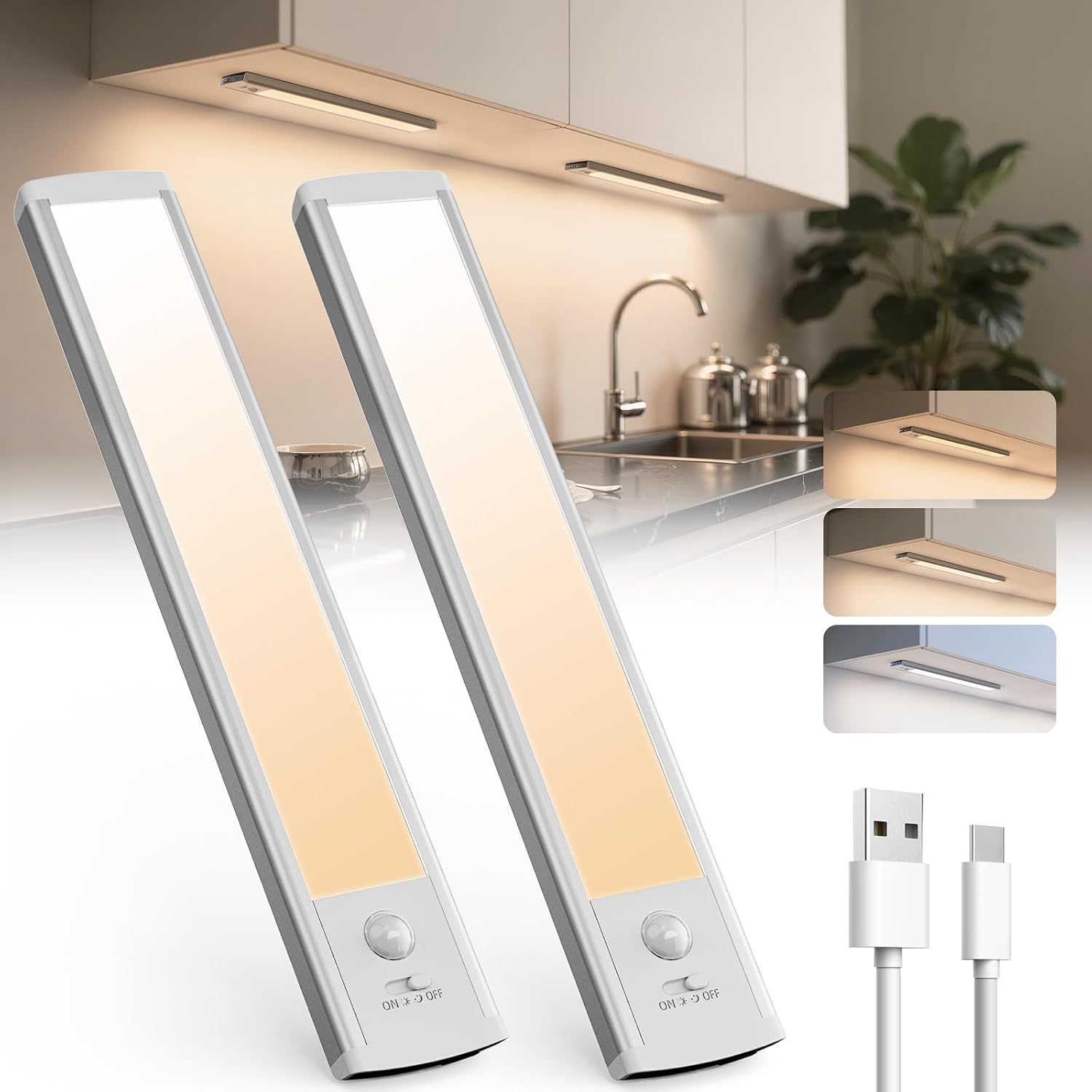 Detalle de TANSOOL+ Schrankbeleuchtung LED mit Bewegungsmelder, 2er-Set, 20 cm, USB‑C aufladbar, dimmbar mit 3 Farbmodi