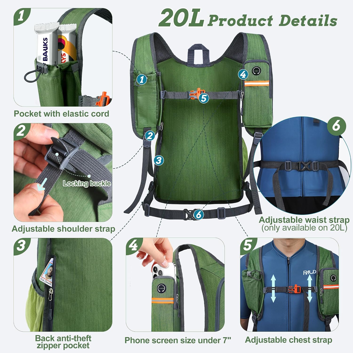 Thumbnail 1 de BECOJADDE Jd4n24052 20L Packable Hiking Daypack with Chest Strap