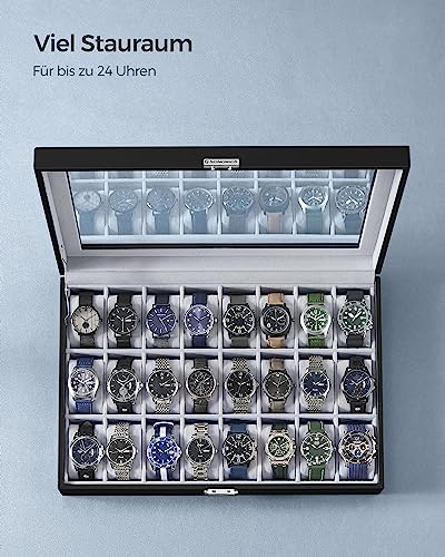 Detalle de SONGMICS JWB024 Uhrenbox: 24 Fächer, Glasdeckel, PU-Schwarz, Samtfutter-Grau