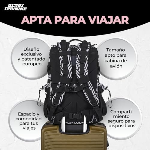 Detalle de ELITRAINX Mochila 45L Táctica Zebra: impermeable, cabina y formato para deporte