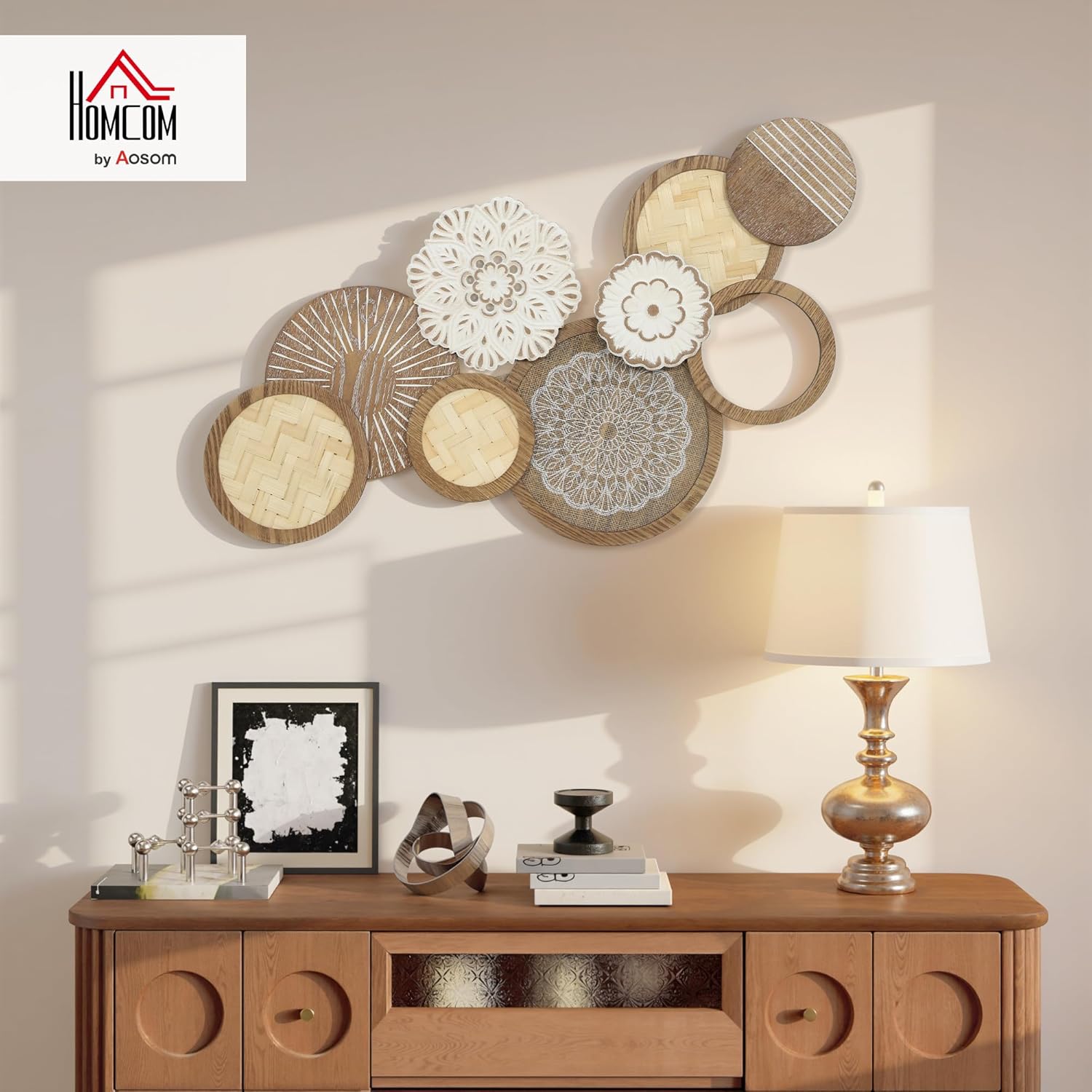 Thumbnail 1 de HOMCOM Décoration murale en bois moderne – sculpture géométrique à disques, 83,8 × 44,5 cm, bois naturel