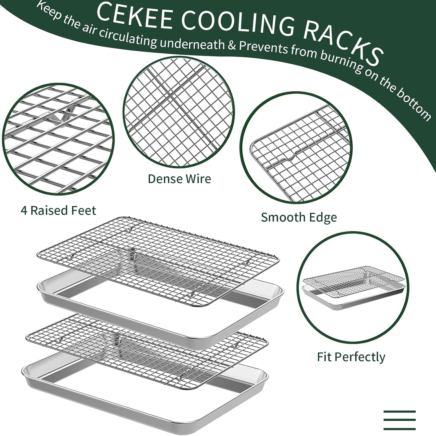 Detalle 2 de CEKEE Quarter Sheet Pan with Cooling Rack Set — 2 Baking Sheets + 2 Racks, Stainless Steel, 12 x 9.8 x 1 Inch