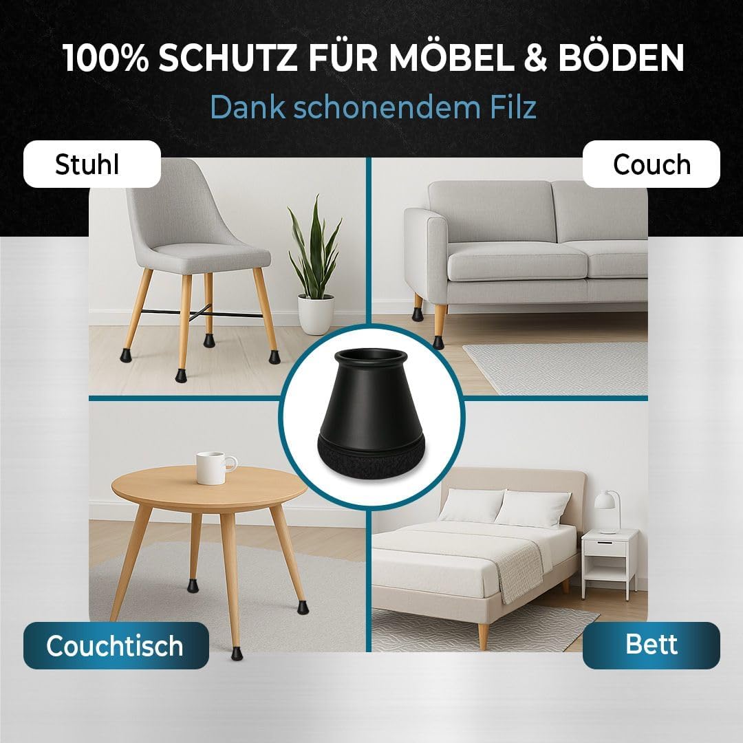 Thumbnail 3 de K's Quality Stuhlbeinkappen Rund Schwarz (16 Stück) – Filzgleiter für Stuhlbeine, 14–20 mm