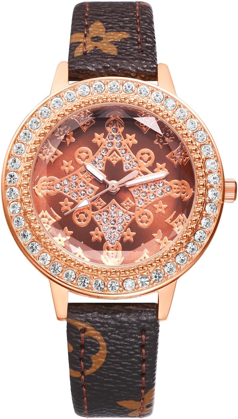 Detalle de JewelryWe Damen Uhr Leder Diamant – Glitzer Strass Analog Quarz Armbanduhr