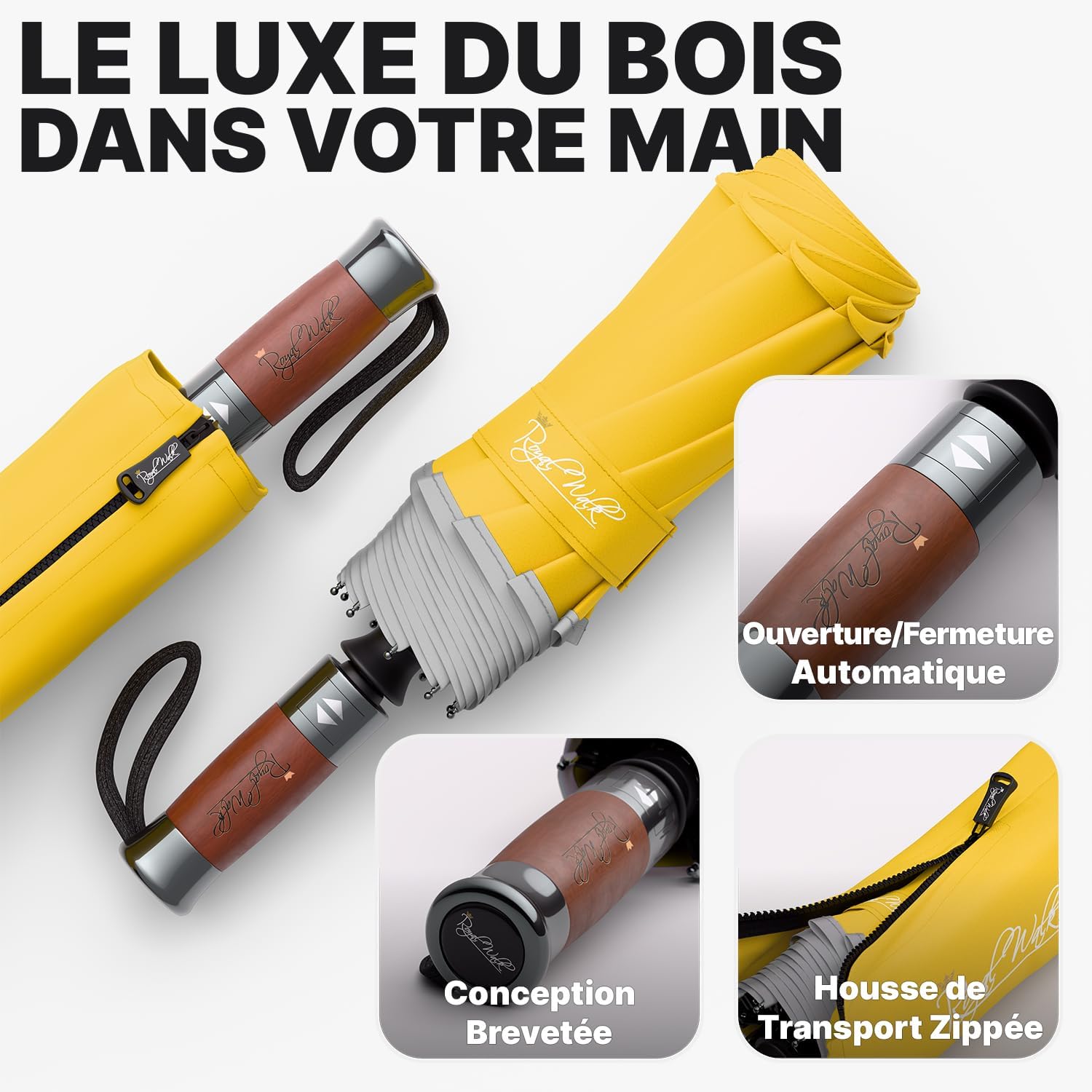 Detalle de Royal Walk Parapluie de poche automatique jaune avec double toit coupe-vent (L)