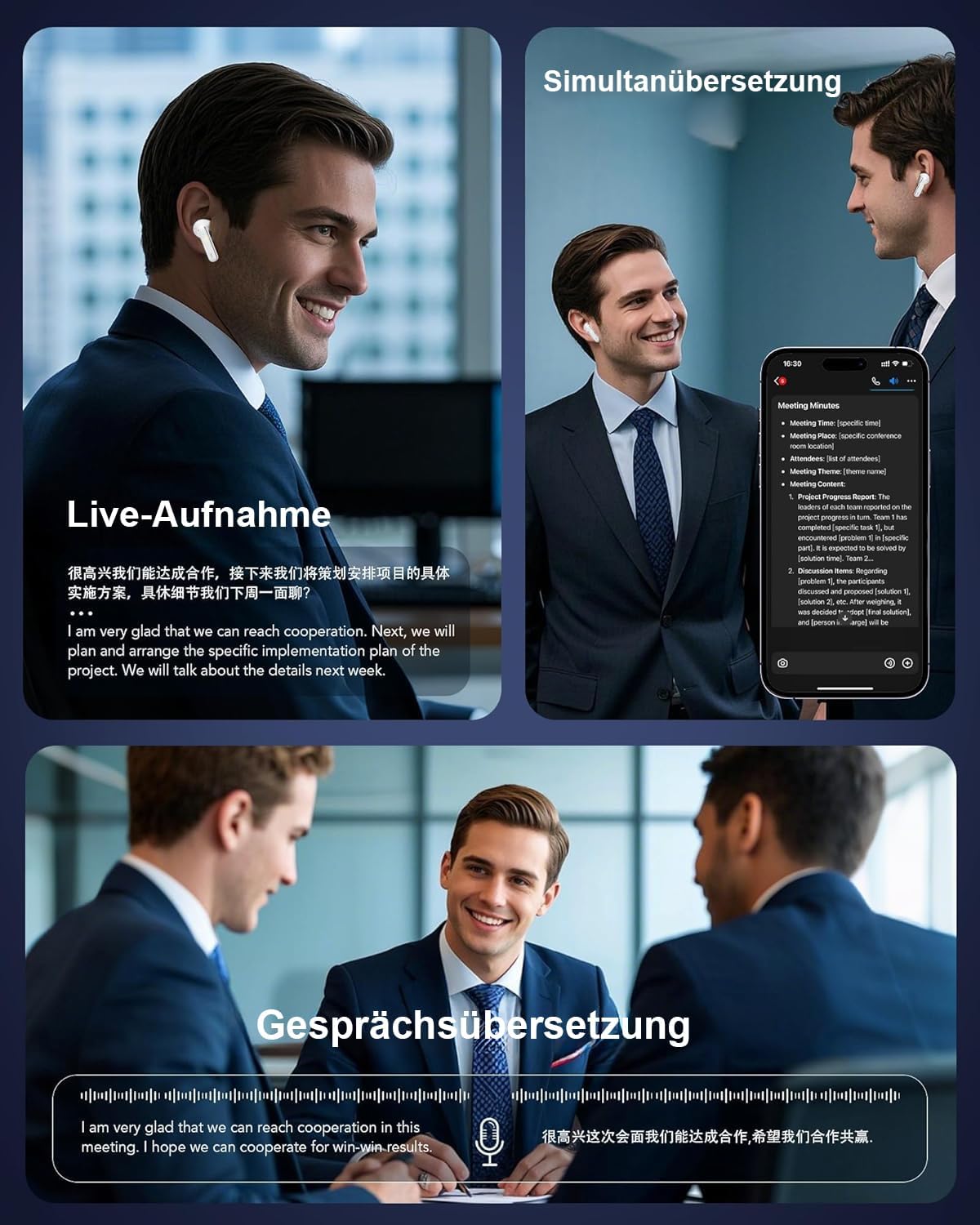 Detalle 2 de KI Übersetzer Kopfhörer Echtzeitübersetzung in 188 Sprachen – 4-in-1 Bluetooth 6.1, 36 Std. Spielzeit (Weiß)