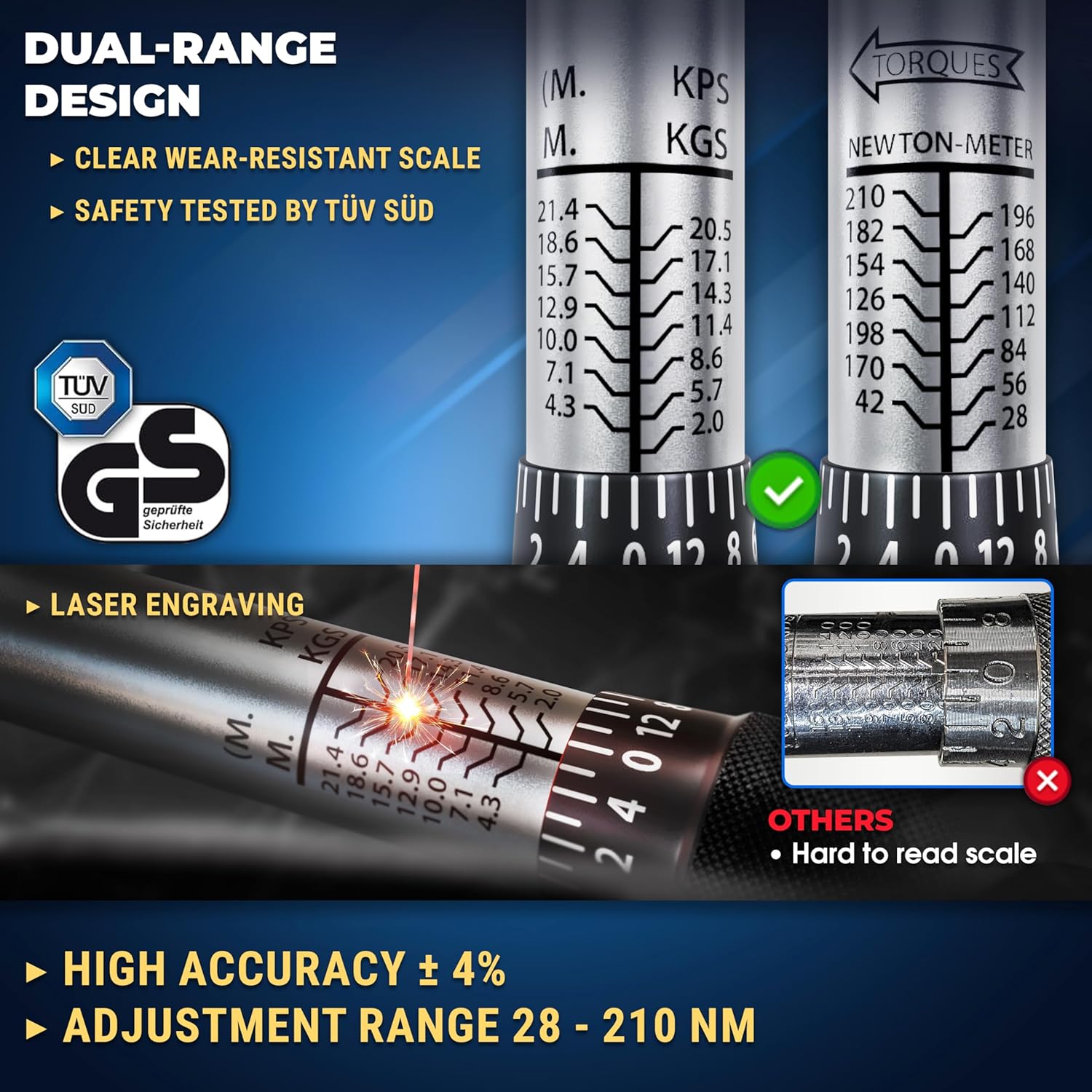 Detalle de S&R 1/2" Torque Wrench Set (47.5 cm) – 28–210 Nm with 12.5 cm Extension and 17–21 mm Sockets