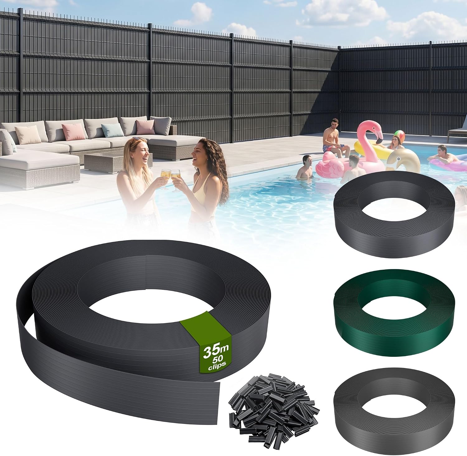 Detalle de UISEBRT 35 m PVC Privacy Fence Screen Strips, 4.7 cm, Anthracite, 50 Clips