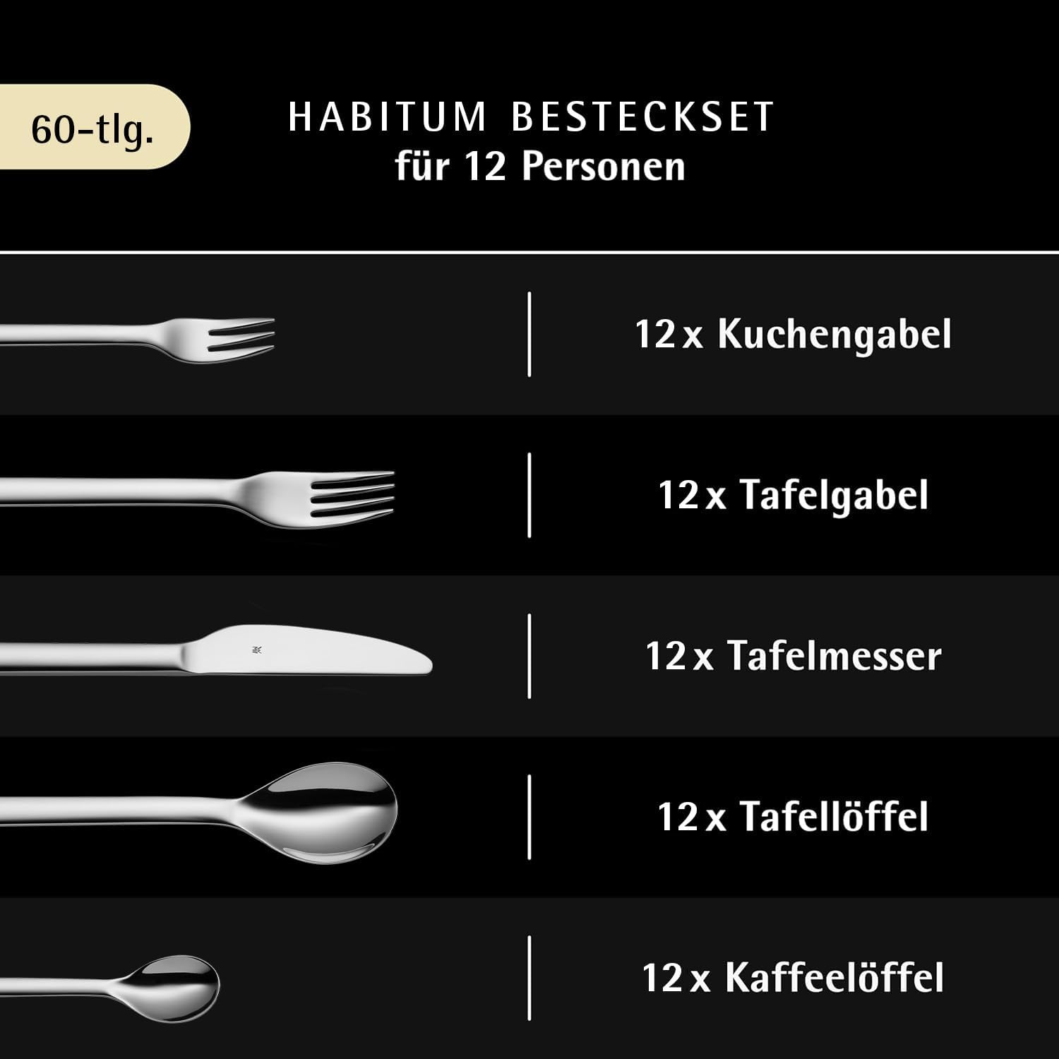 Thumbnail 2 de WMF Habitum Besteck Set 60 Teile für 12 Personen – Cromargan 18/10, spülmaschinenfest