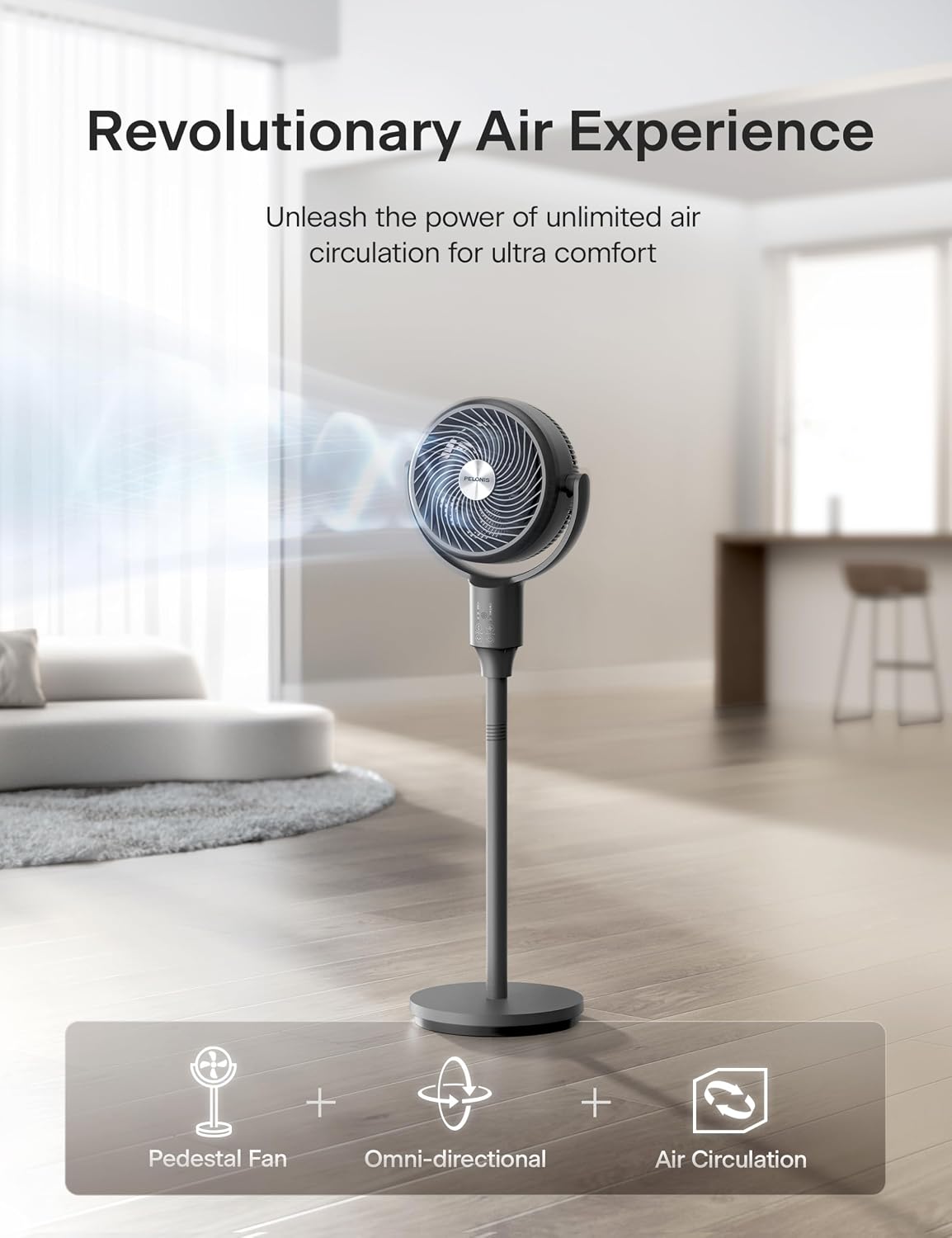 Detalle de PELONIS Pedestal Fan (Ultra OmniFlow) with Remote, Auto Oscillation, 3 Speeds, 7H Timer, Adjustable Height