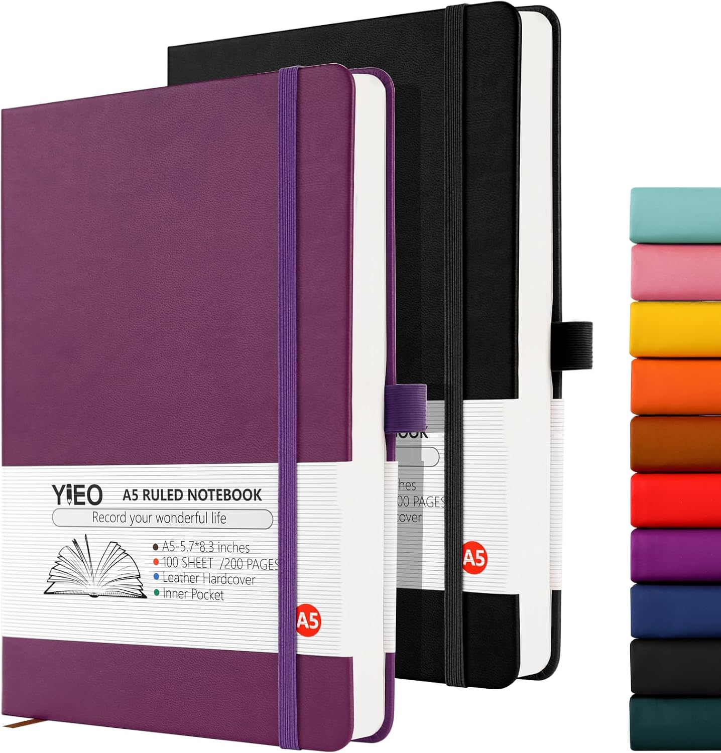 Detalle de YIEO A5 Hardback Journal Notebook 2-Pack (PU leather covers, lined pages, bookmark & pen loop)