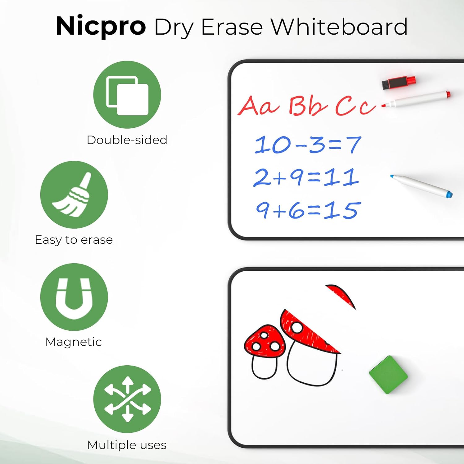 Detalle de Nicpro A3 Magnetic Dry Erase Whiteboard with 8 Markers and 1 Eraser (Double-Sided) – Black Frame