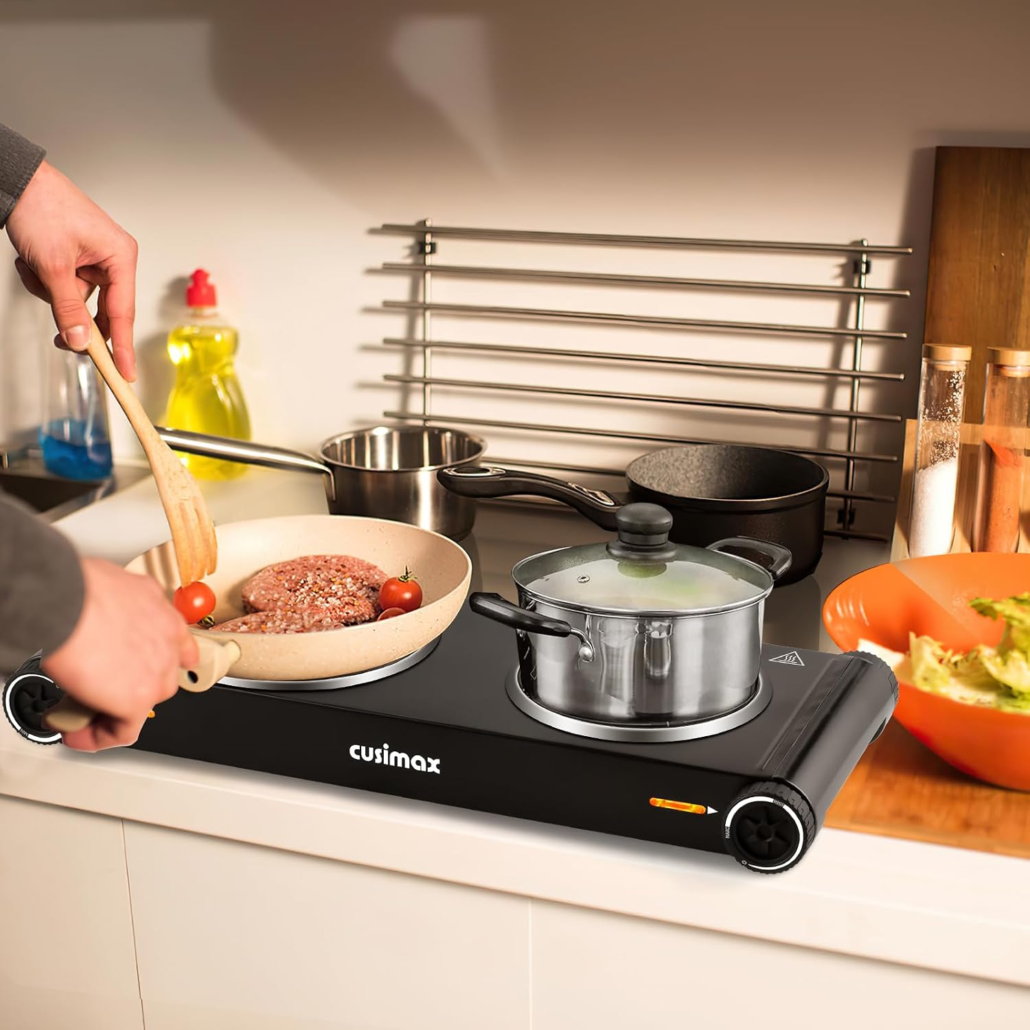 Thumbnail 2 de CUSIMAX Kochplatte mit verstecktem Griff, 2400 W – 2 Glaskeramik-Felder, tragbar, Infrarot-Heizplatte, Edelstahlgehäuse