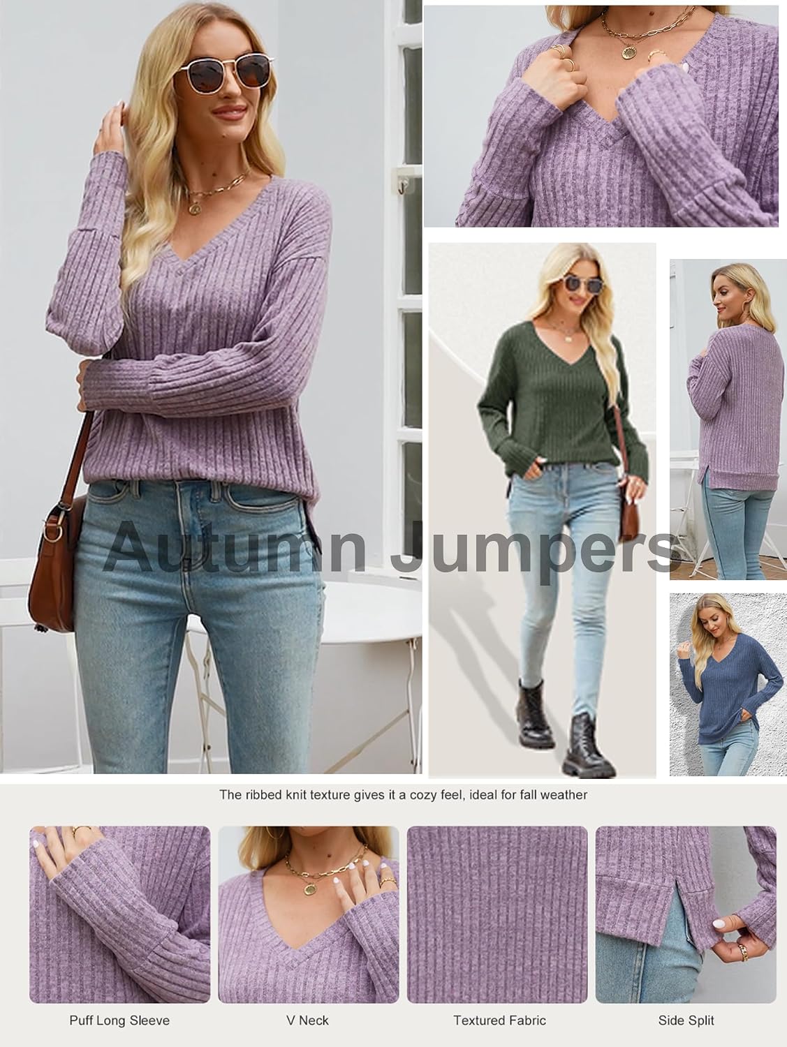 Detalle de Famulily Damen-Pullover mit V-Ausschnitt, Langarmstrick – vielseitig & bequem