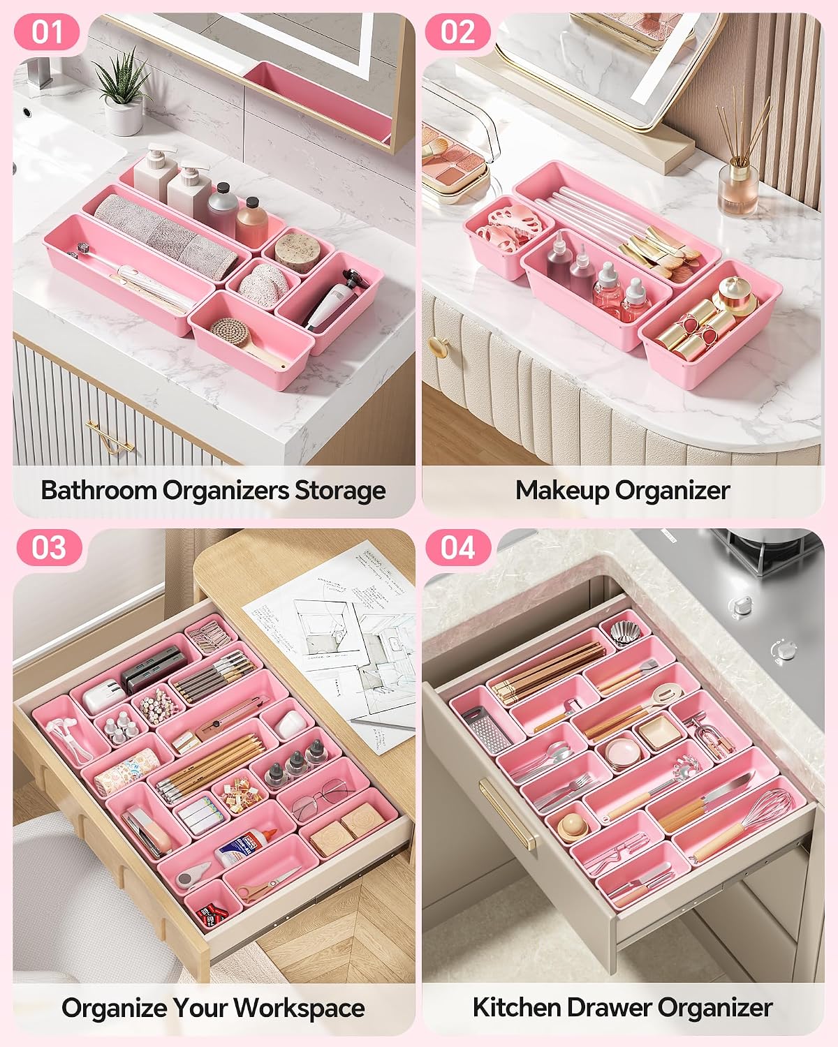 Detalle de Canfanni PINK 13-Piece Plastic Drawer Organizer Set, 3 Sizes, Pink