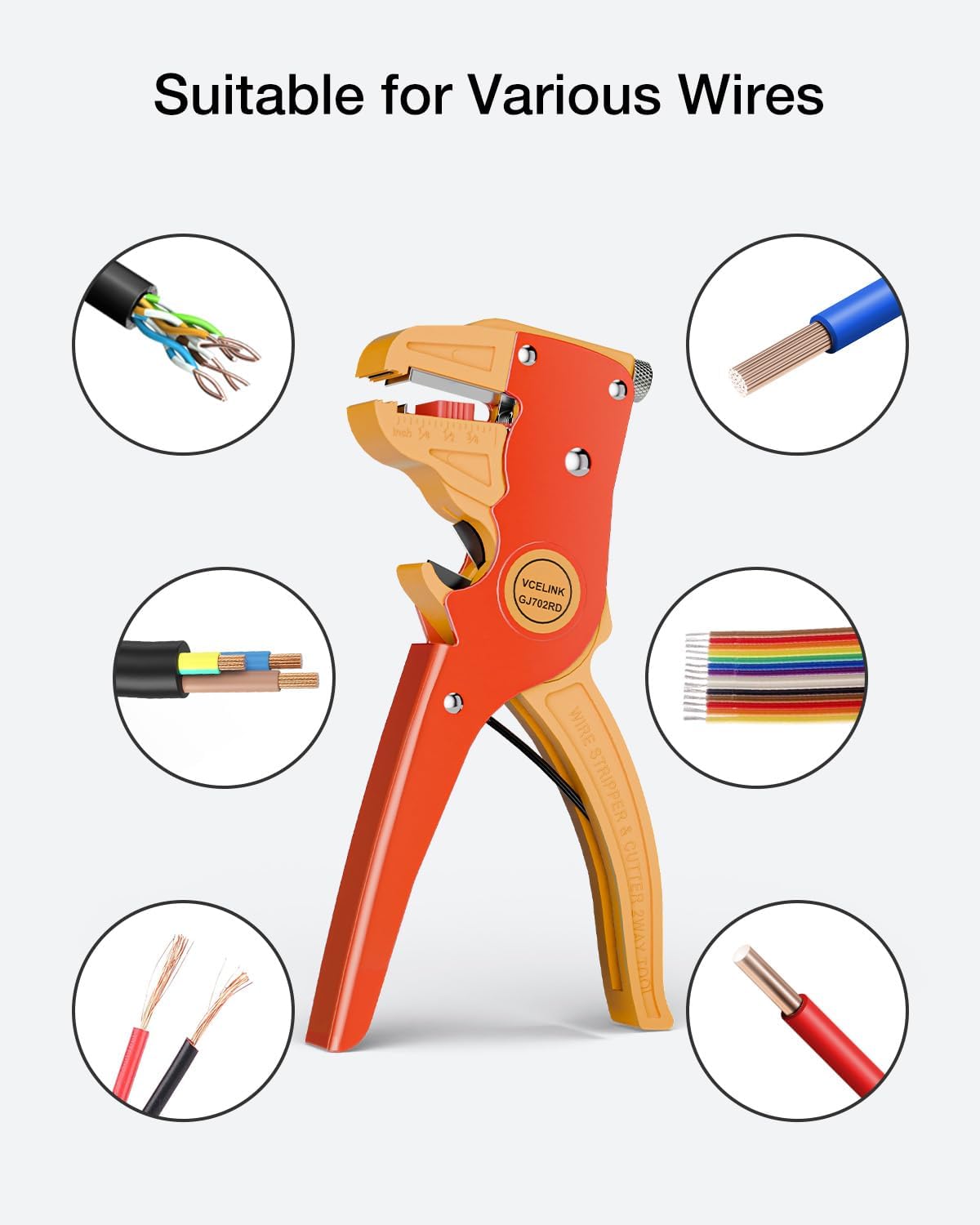 Detalle de VCELINK Automatic Quick Wire Stripper and Cutter (7 Inch) for 14–24 AWG Cables with Eagle Nose