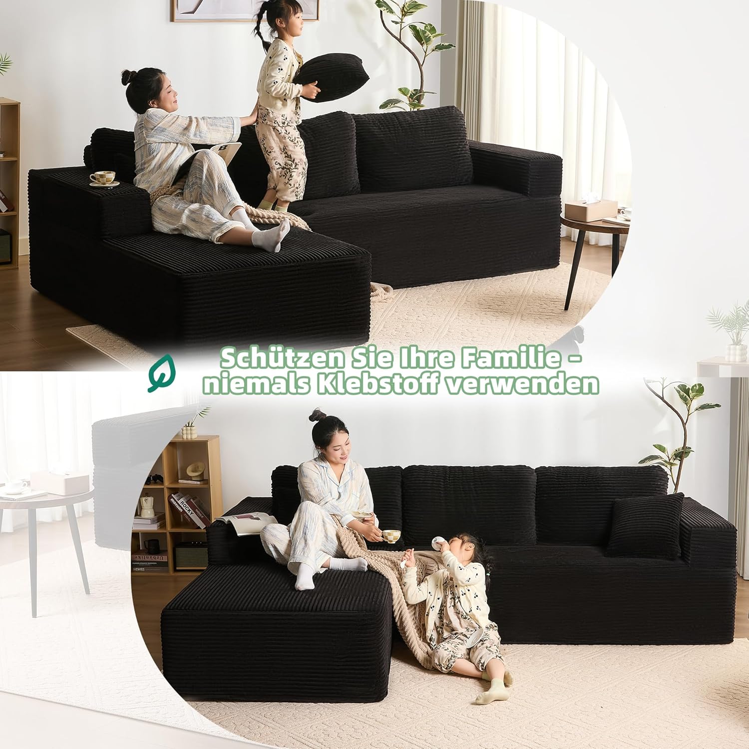 Detalle de Litbird modulares L-förmiges Ecksofa mit Schlaffunktion und Chaiselongue links – rahmenloses Schlafsofa, schwarz