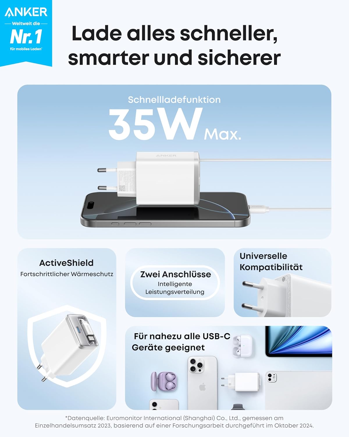 Thumbnail 1 de Anker Nano 35W USB-C Ladegerät mit integriertem InstaCord-Kabel – kompakt, zuverlässig, für iPhone 17/16/15 Serie
