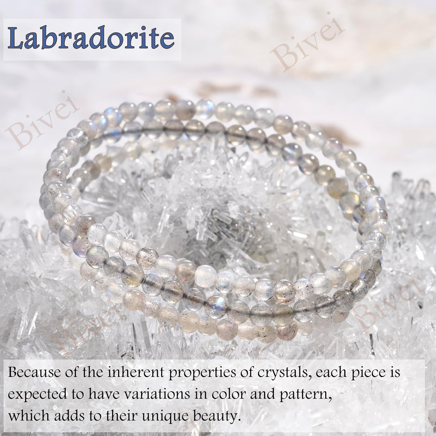 Thumbnail 3 de Braccialetto Bivei in cristallo di labradorite da donna con perle da 4 mm, elastico e regolabile