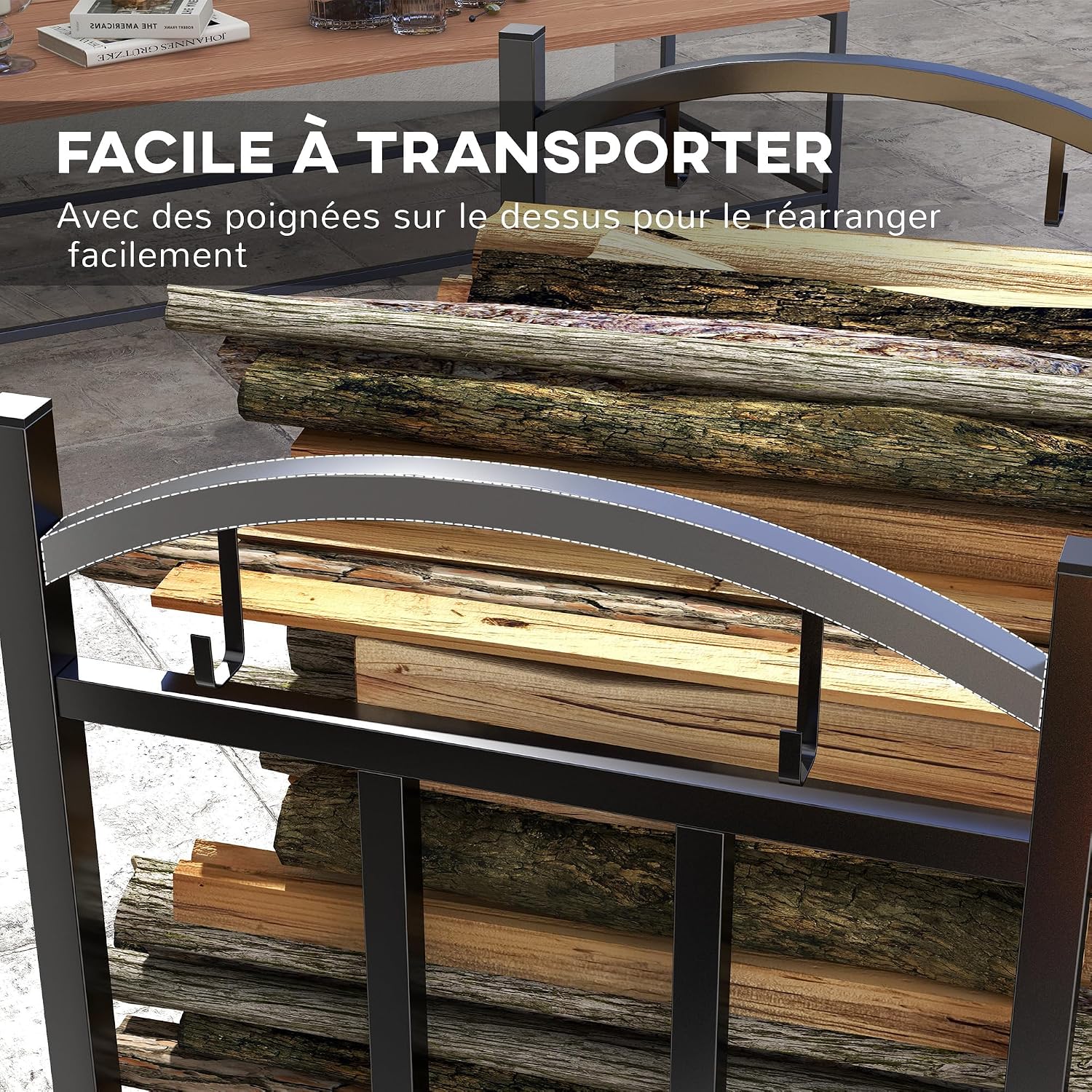 Detalle de Outsunny 842-322V00BK modulaire houthouder van metaal, 46 x 32 x 126 cm
