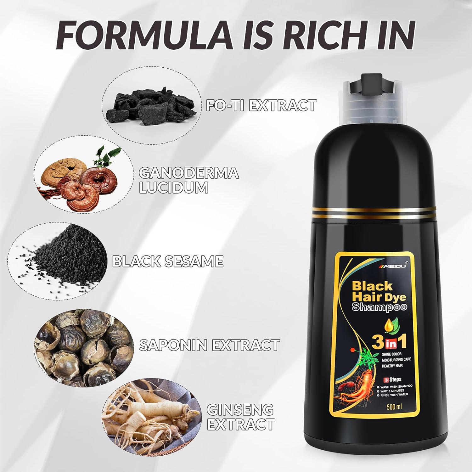 Thumbnail 2 de MEIDU Black Hair Dye Shampoo 3-in-1 (Gray Coverage) Herbal Formula, 500ml/16.9oz