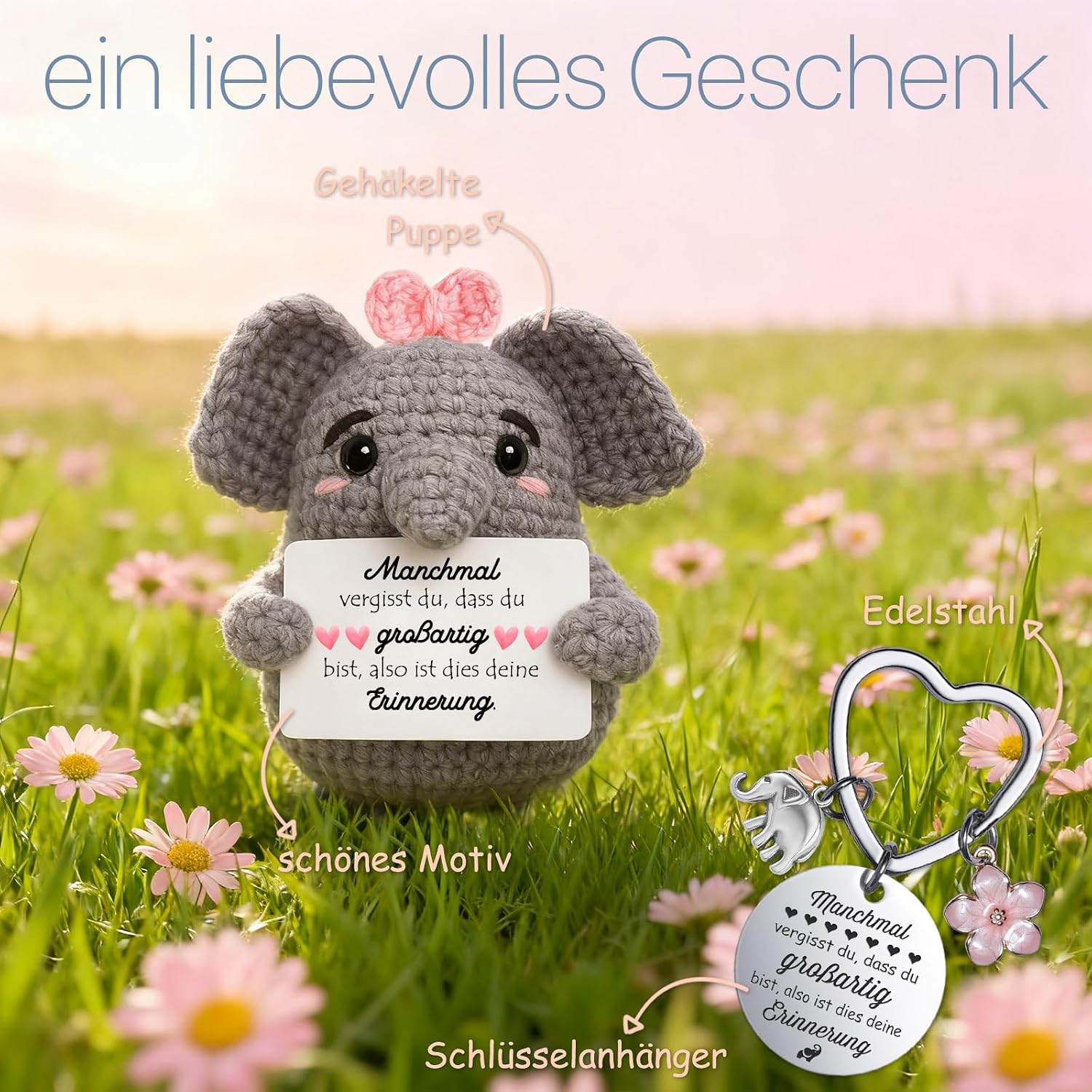 Detalle 2 de Farbeele Mutmacher-Geschenk mit Elefant und Edelstahl-Schlüsselanhänger (ca. 6 x 8 cm)