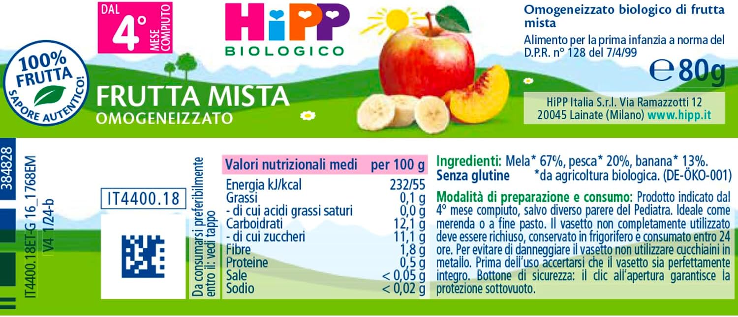 Detalle 2 de HiPP Omogeneizzato di Frutta Biologico per Neonati – Frutta Mista (Mela, Pesca e Banana) 24 Vasetti da 80 g