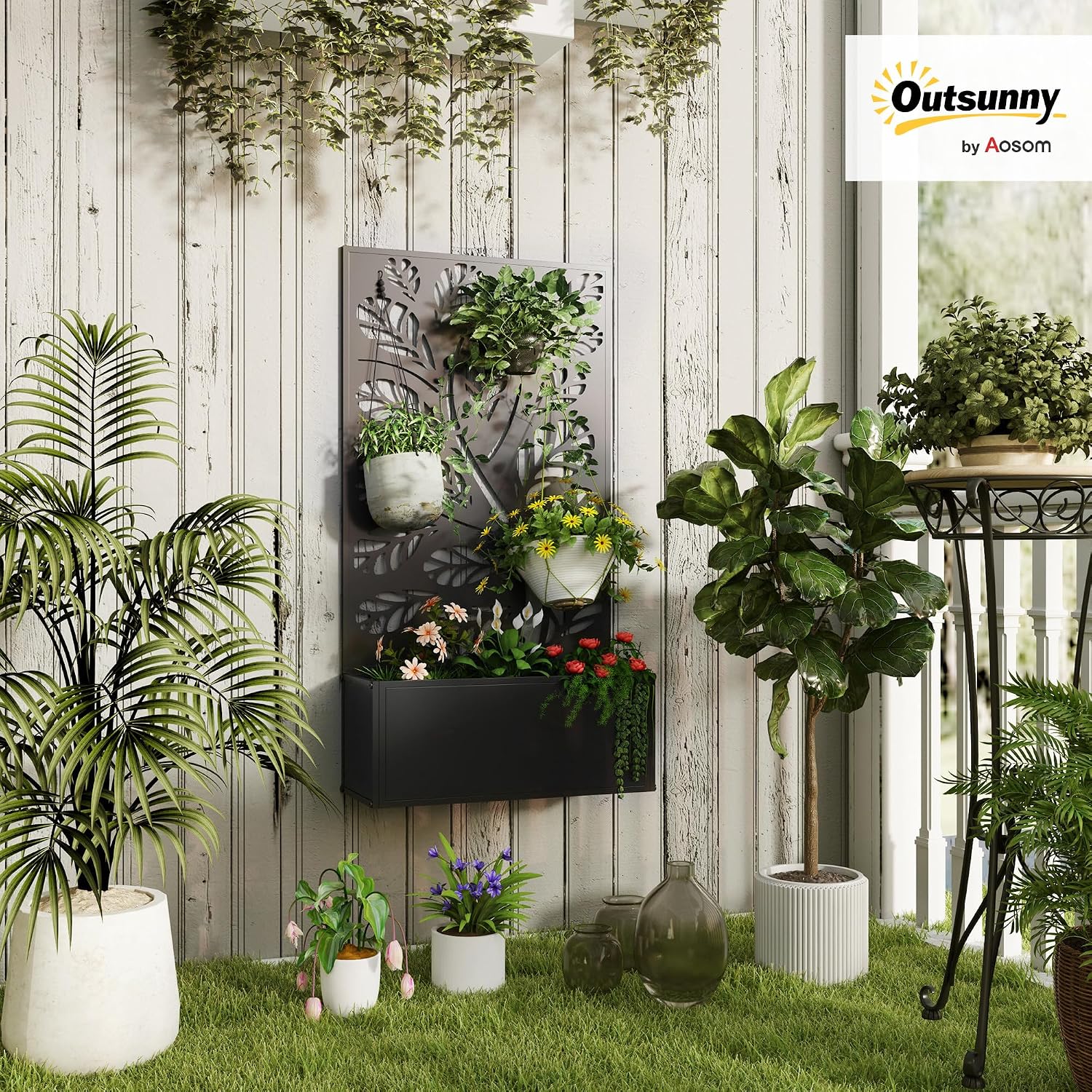 Detalle de Outsunny 84H-167V00BK bloembak met rankrooster, zwart metaal, 61 x 23 x 113 cm