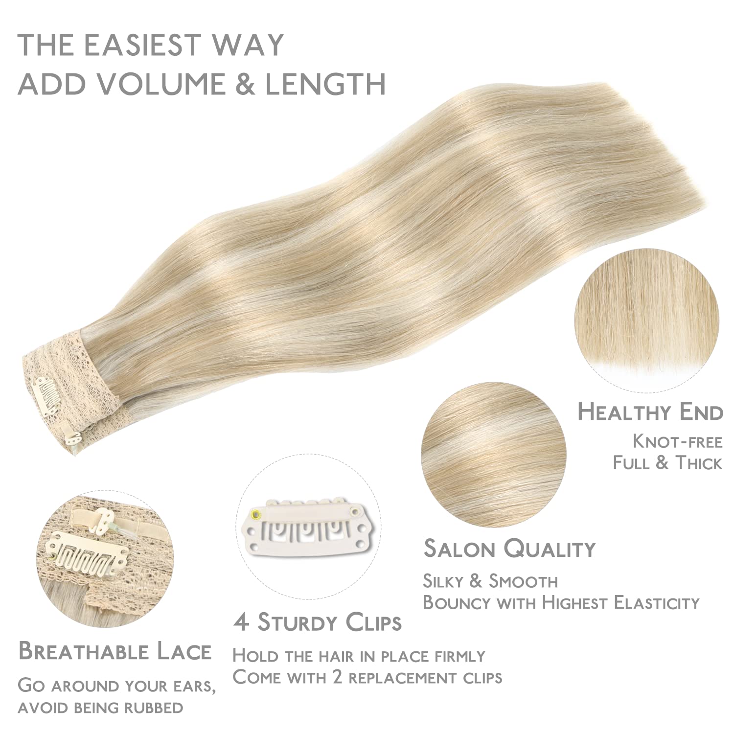 Thumbnail 3 de WENNALIFE Wire Hair Extensions – 18 inch, 125g, Dirty Blonde Highlighted Bleach Blond Remy Real Human Hair with Invisible Wire