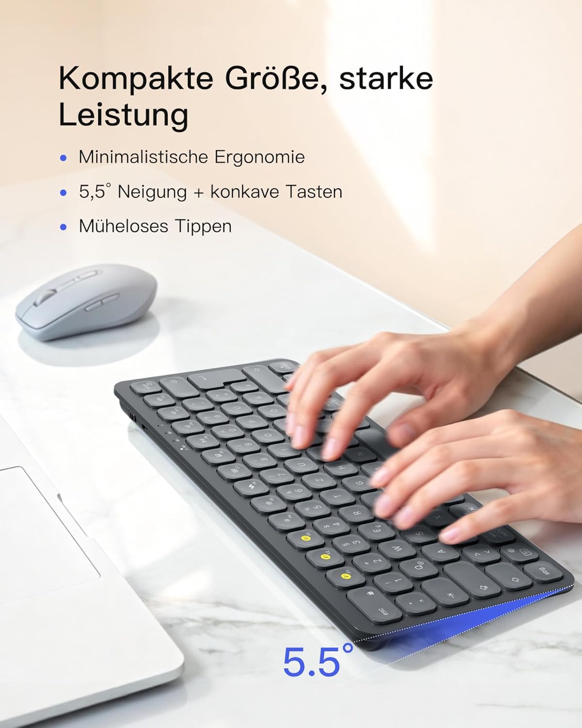 Detalle de Inateck KB107: Kabellose Bluetooth-Tastatur mit 3-Geräte-Switch, ultradünn und ergonomisch