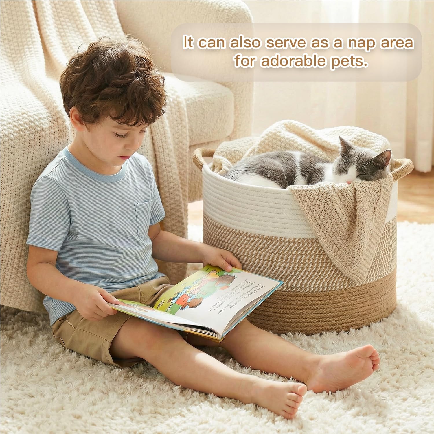 Detalle 1 de Artfeel 70L Cotton Rope Basket, Brown Woven Storage for Blankets and Toys