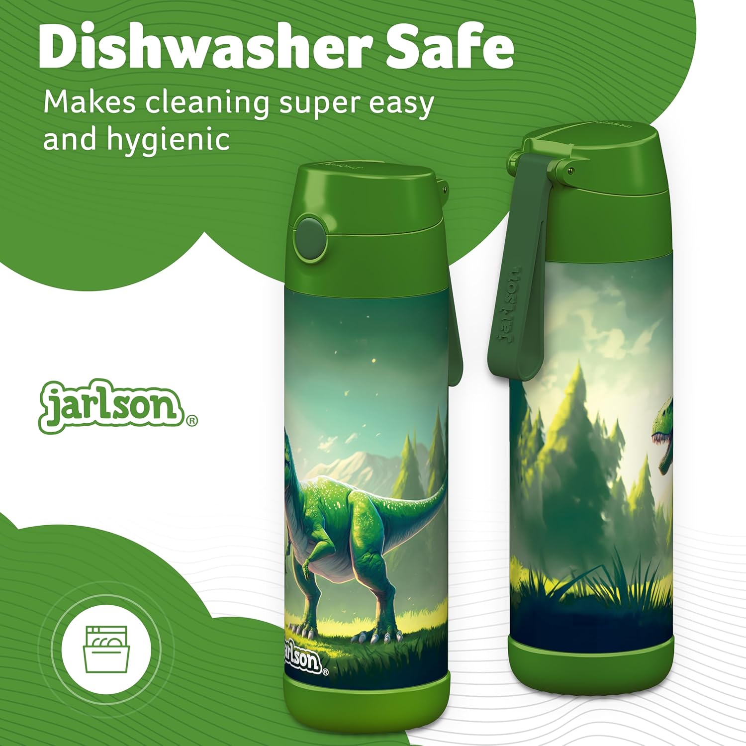 Detalle 2 de Jarlson Borraccia Termica Bambini 500ml CHARLI con Cannuccia – Acciaio Inox 304, Dinosauro