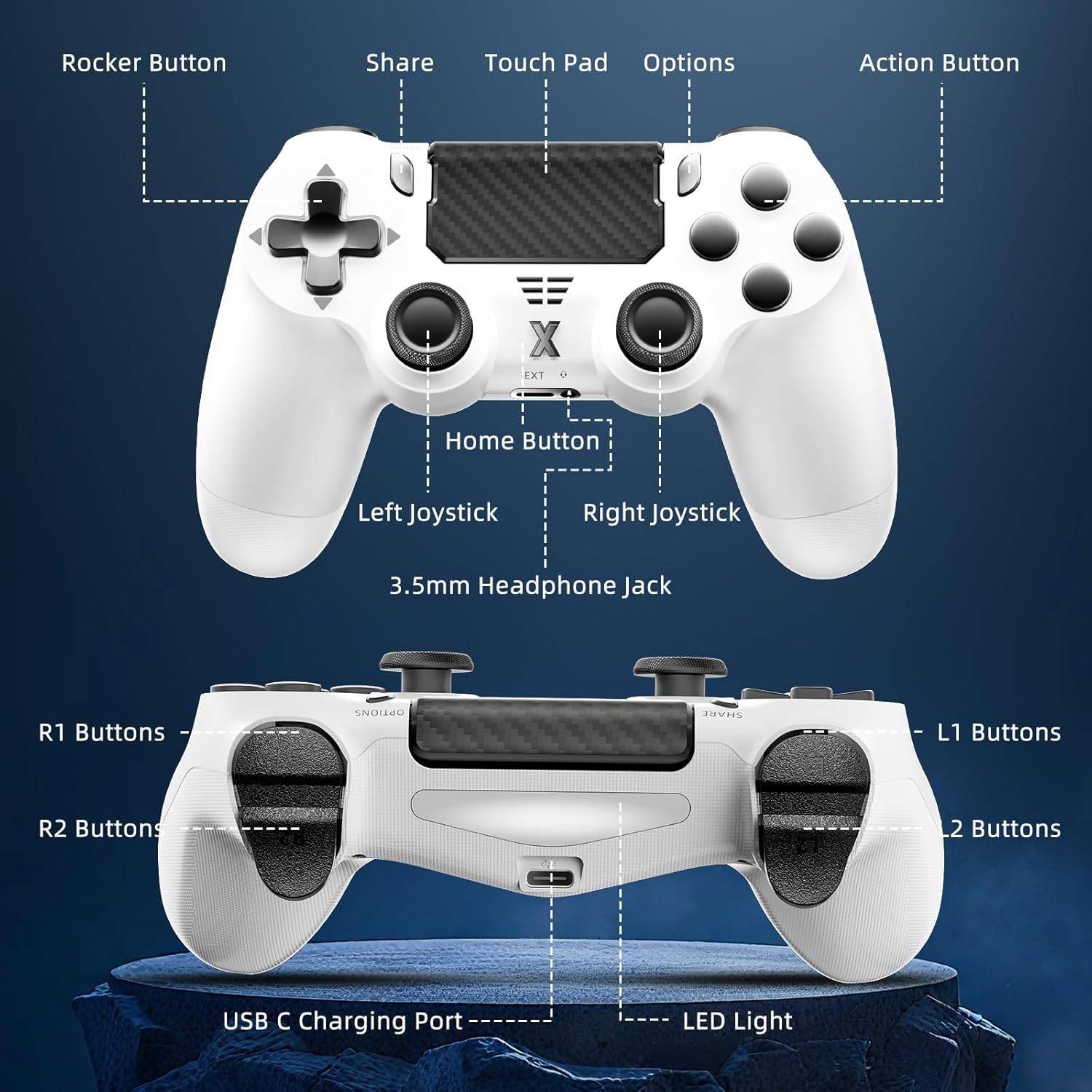 Detalle 2 de Glitfix Wireless Controller für PS-4 – 2er-Set Schwarz/Weiß