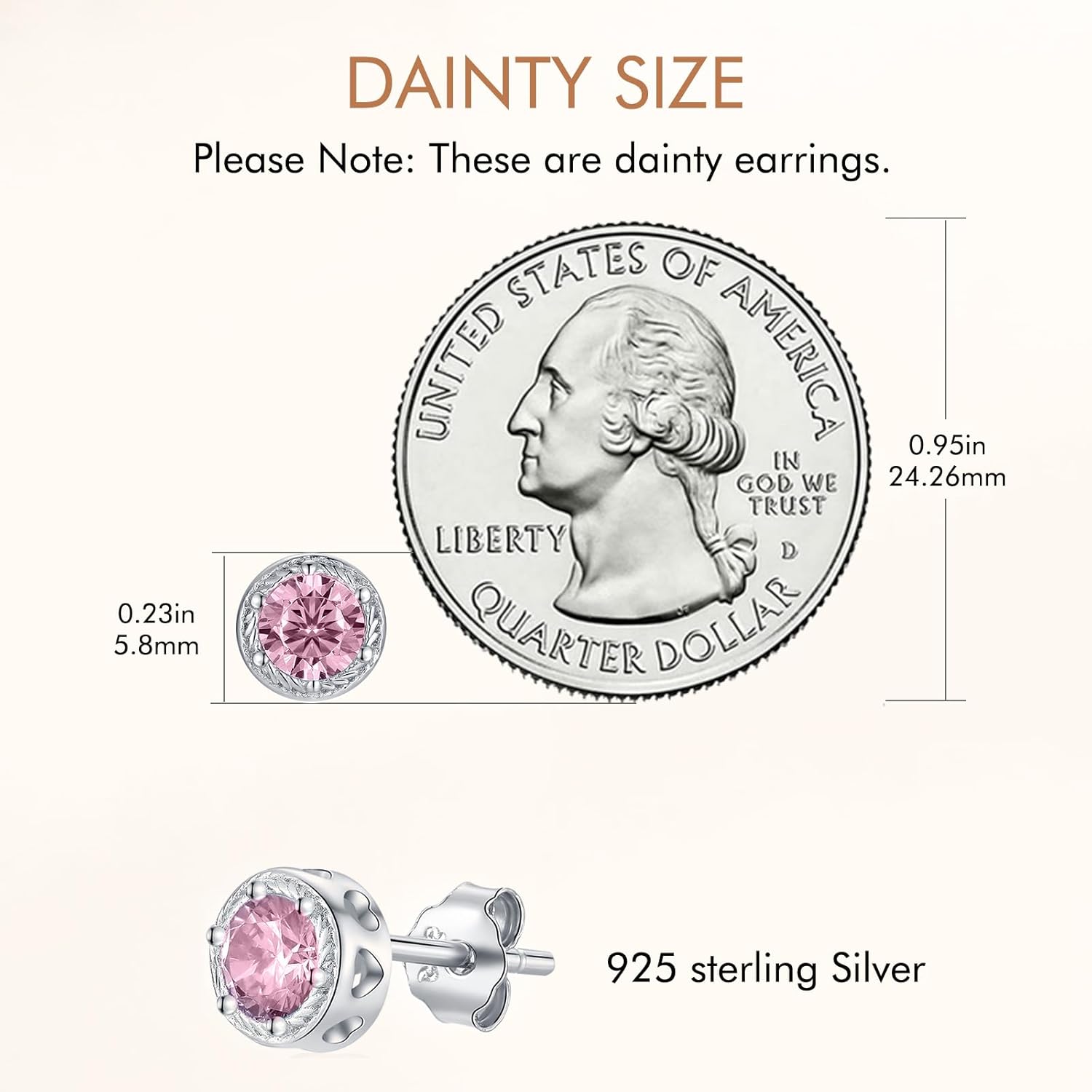 Detalle 2 de Qings Geburtsstein Ohrringe Silber 925 – Kleine Birthstone Ohrstecker mit Zirkonia, Oktober Rosa Turmalin