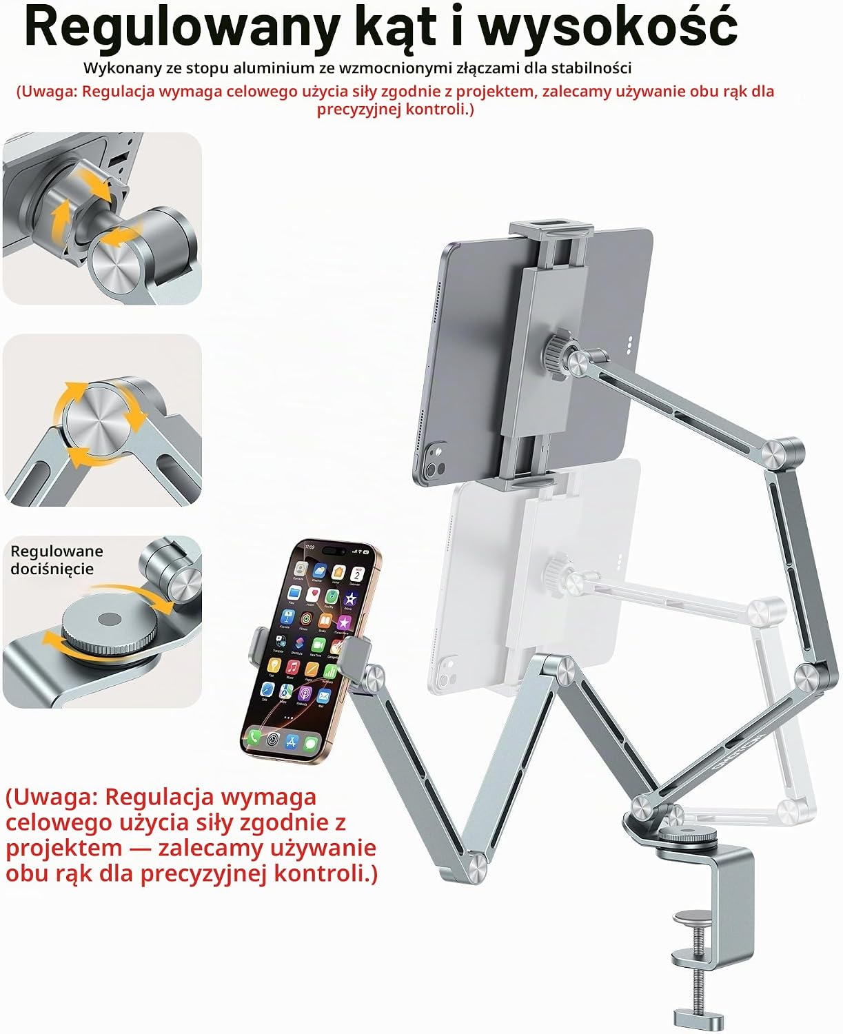 Detalle 2 de OMOTON GH03 aluminiowy uchwyt na tablet i telefon, obrót 360°, szary