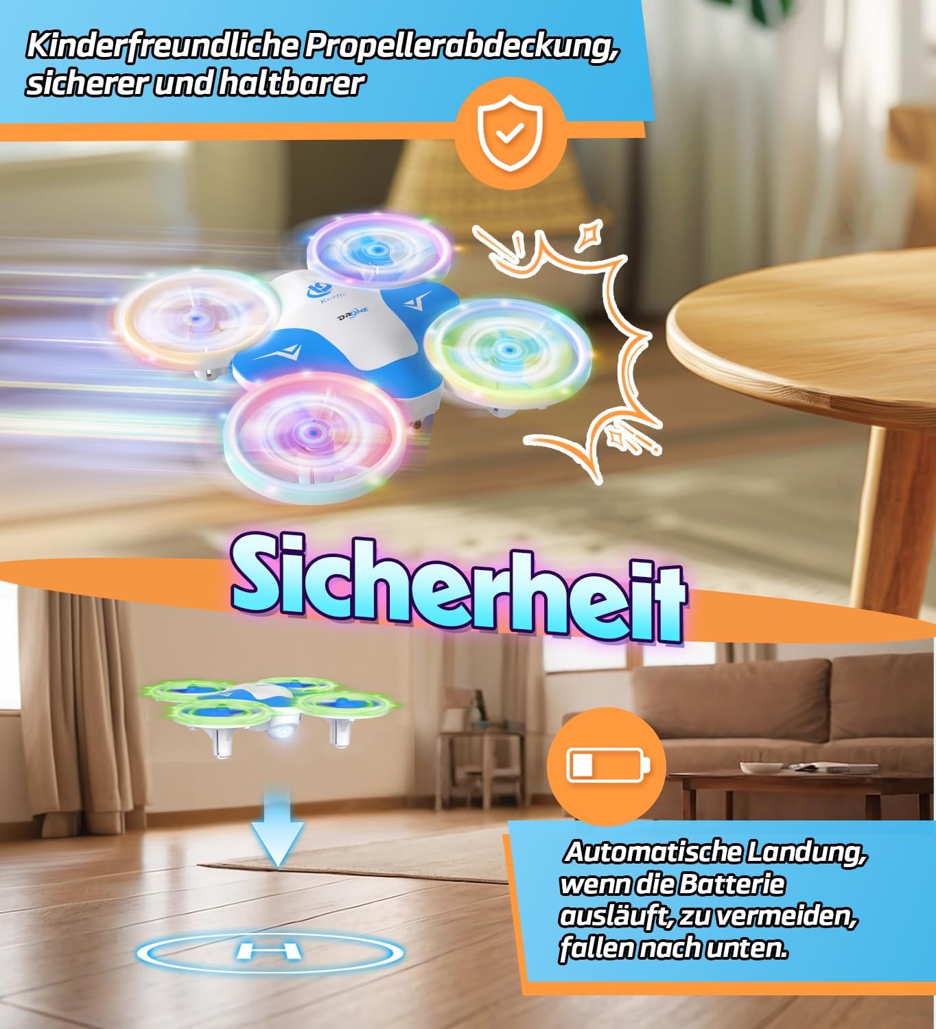 Detalle de Korffe Mini-Drohne für Kinder (ab 6, 7, 8, 9, 10+ Jahren) – RC-Spielzeug mit LED-Lichtern, 360°-Flip und 30-min Laufzeit
