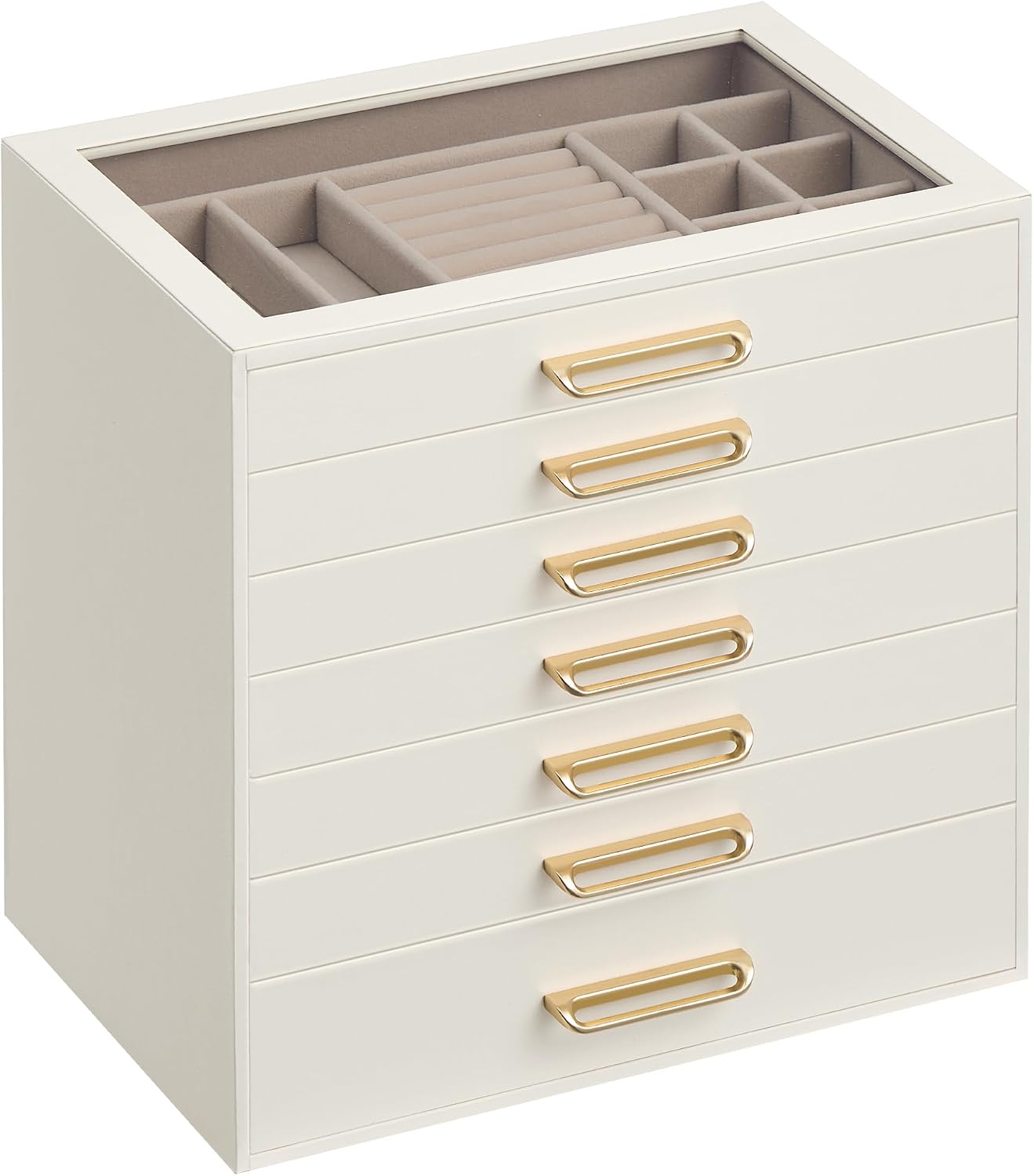 Detalle de SONGMICS Portagioie con Coperchio in Vetro, a 7 Cassetti – Eleganza e Organizzazione