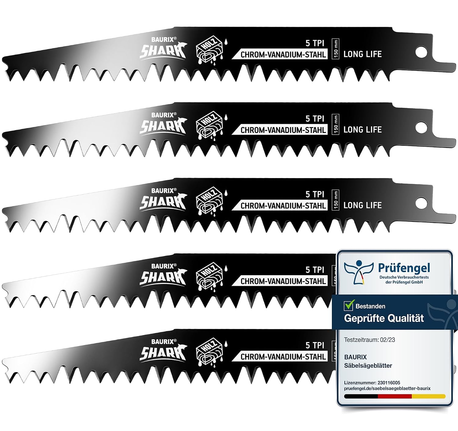 Detalle de BAURIX Lame per Seghetto SHARK 150 mm (5 pezzi) – 5 TPI per tagli veloci e puliti del legno