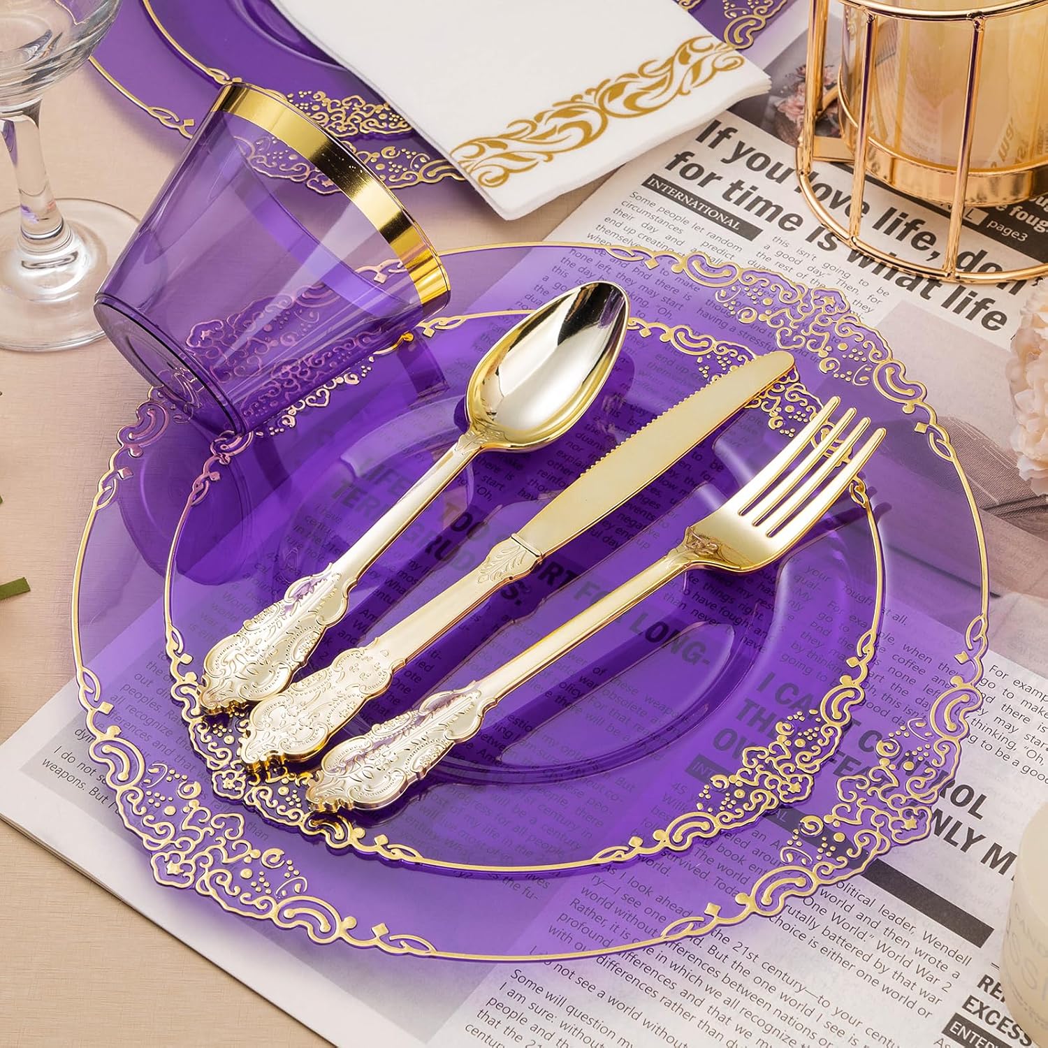Thumbnail 2 de Bestluck 350PCS Clear Purple Plastic Plates Set for 50 Guests with Gold Trim
