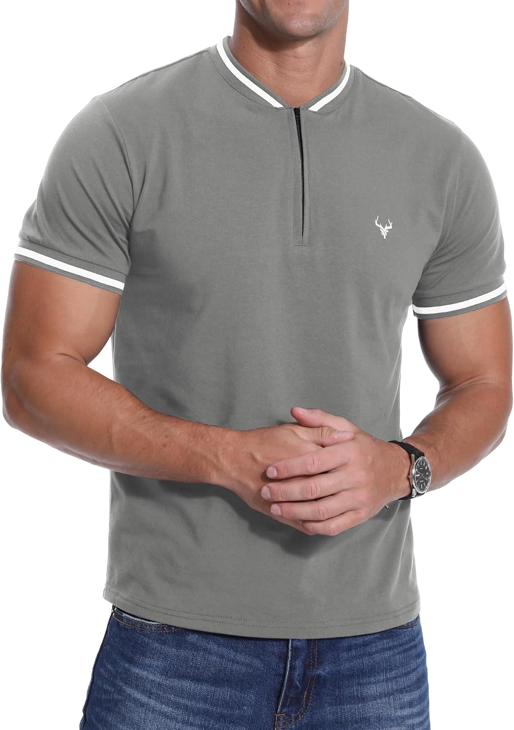 Detalle de KUYIGO Mens Zip Henley T-Shirt Deer Head Embroidery – Regular Slim Fit