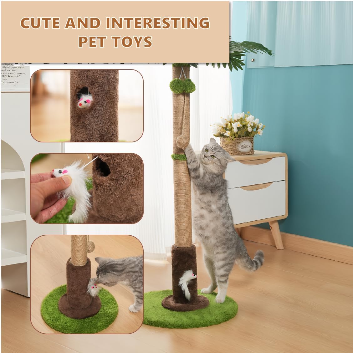 Thumbnail 2 de Cat Scratching Post, 90cm Tree with Interactive Dangling Balls & Spring Toys