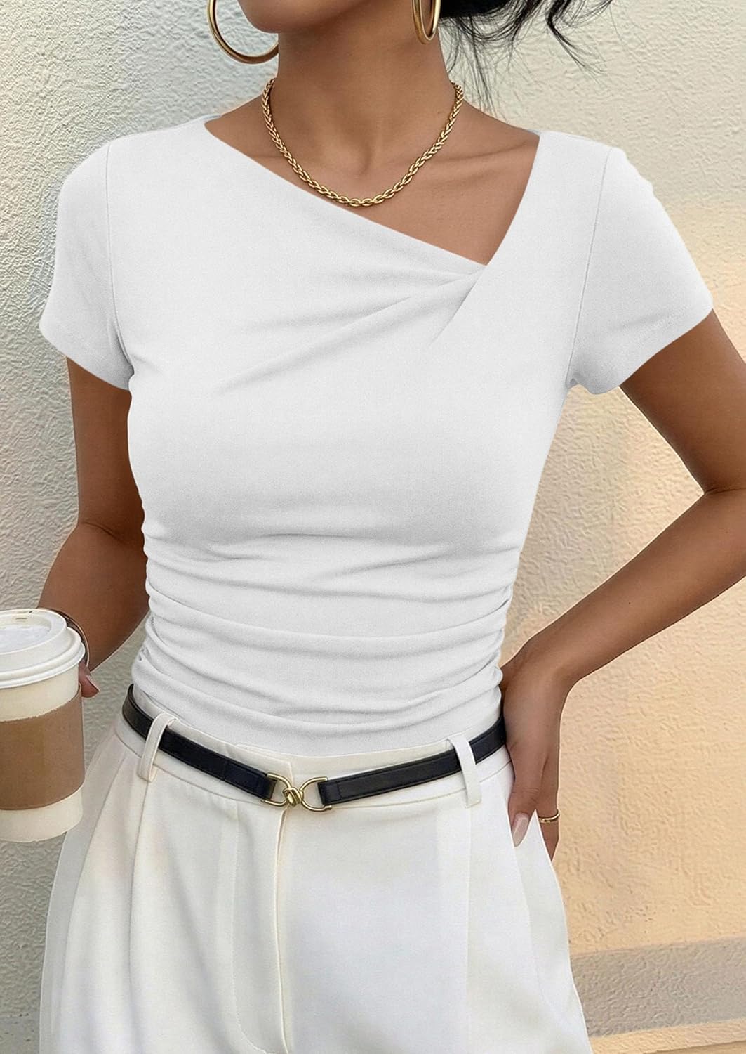 Thumbnail 5 de PRETTYGARDEN Women’s 2026 Summer Asymmetrical Ribbed Short Sleeve Fitted Tee