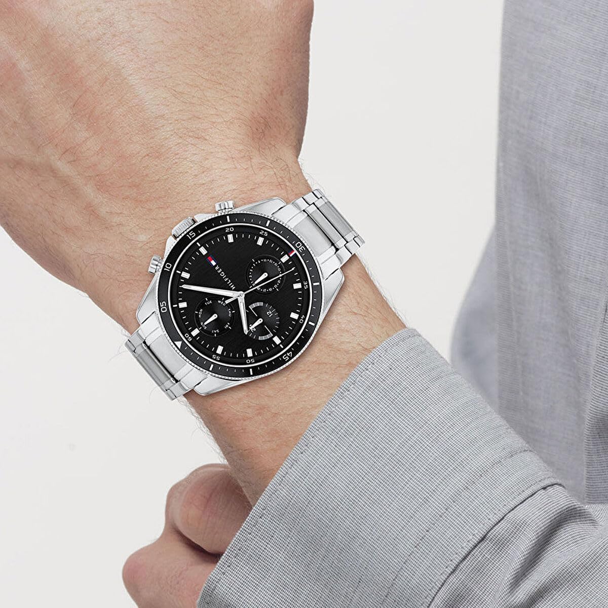 Detalle 2 de Tommy Hilfiger Multi Zifferblatt Quarz Uhr – Herren, Edelstahl- und Lederarmband, 44 mm