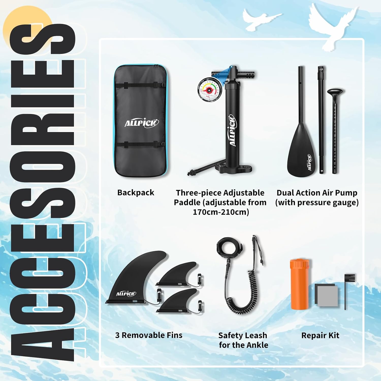 Detalle de ALLPICK Premium SUP Board Set – Aufblasbares Stand Up Paddleboard mit Kamerahalterung und umfangreichem Zubehör