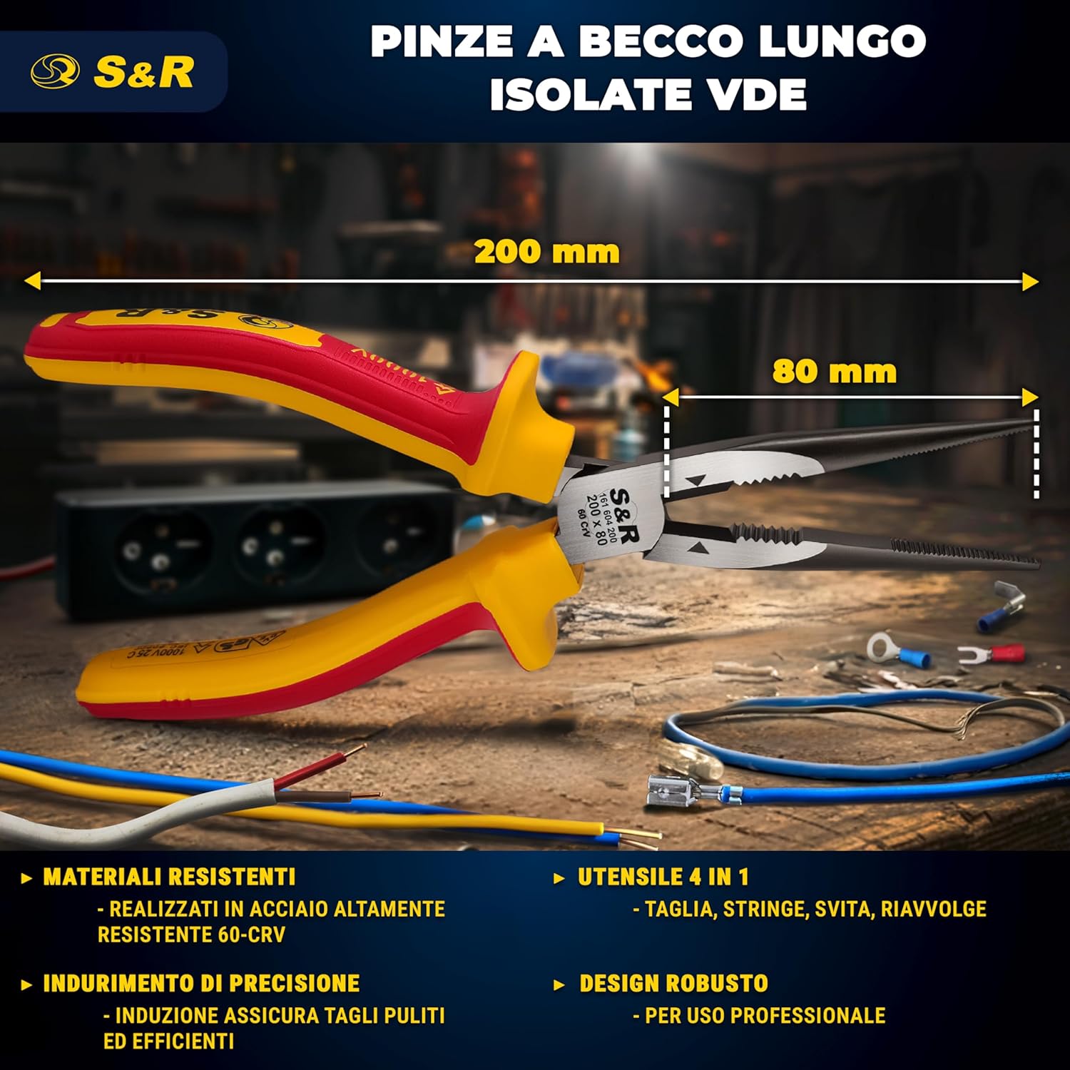 Thumbnail 1 de S&R Pinze a becco lungo certificate VDE – Pinza elettricista 210 mm in acciaio cromovanadio fosfatato
